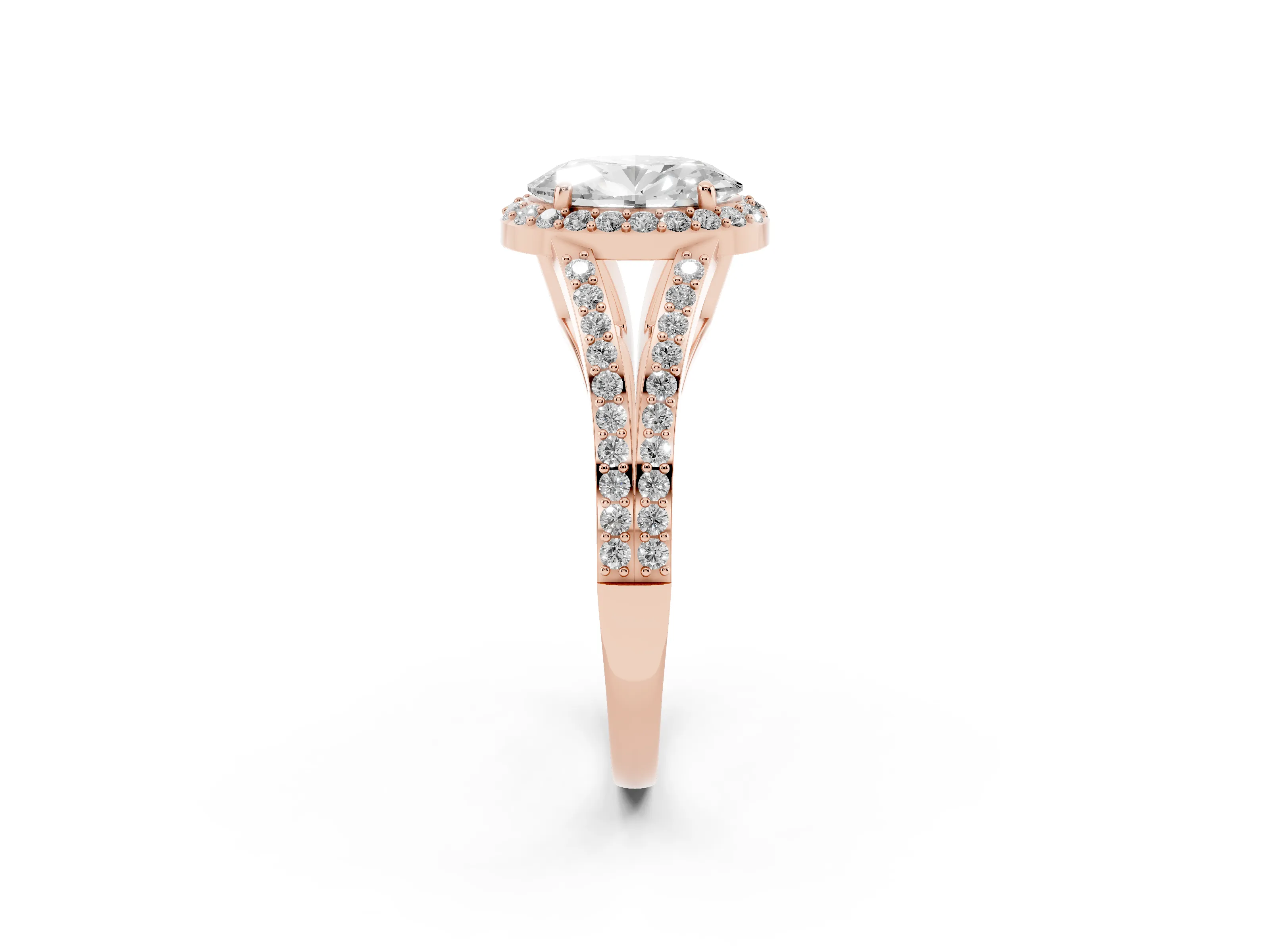 Oval Cut Diamond Halo Split Shank Ring Set in Rose gold with Accent Stones and Prong Setting
