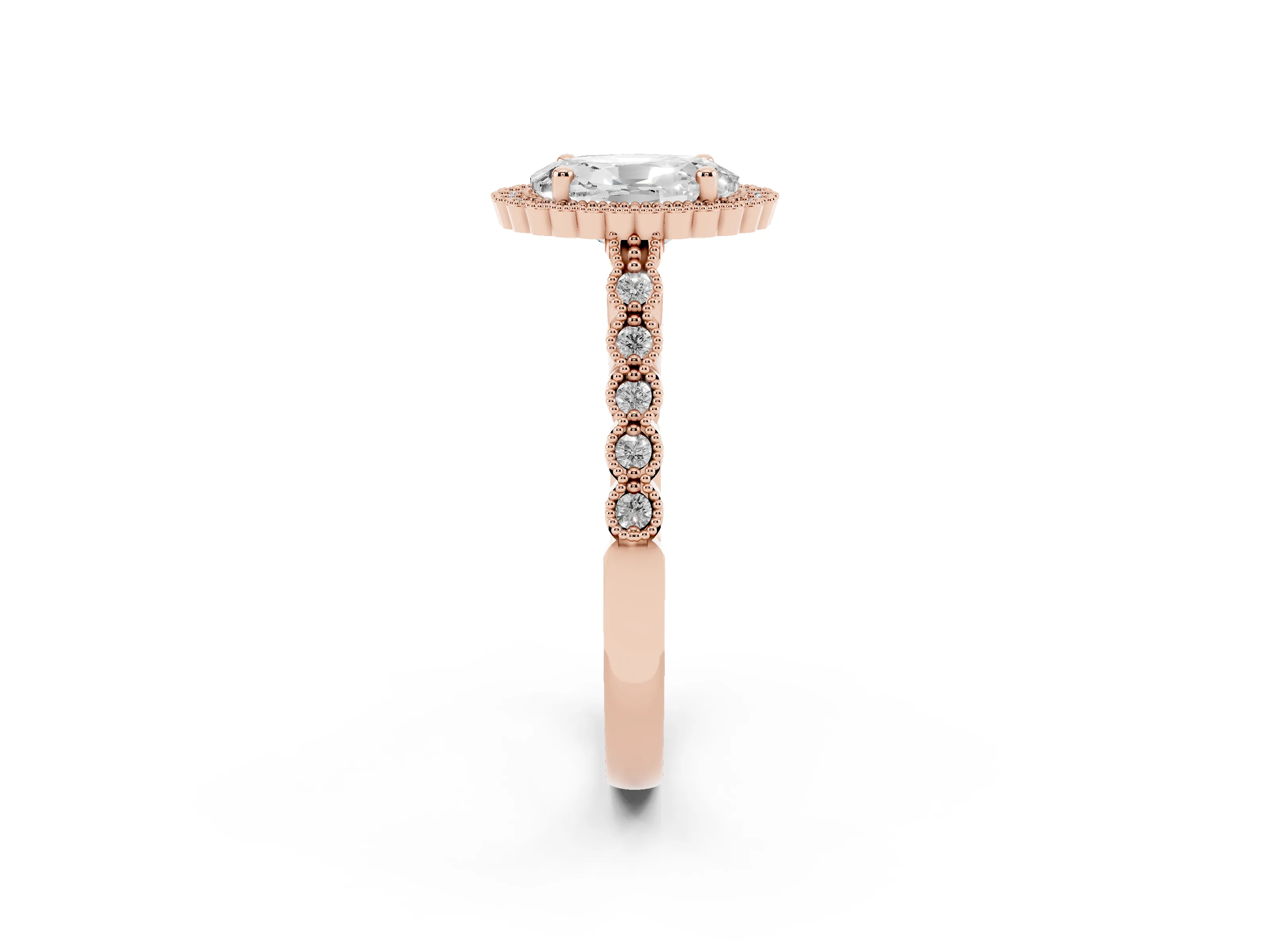 Oval Cut Diamond Halo Ring Set in Rose gold with Pavé Milgrain Band
