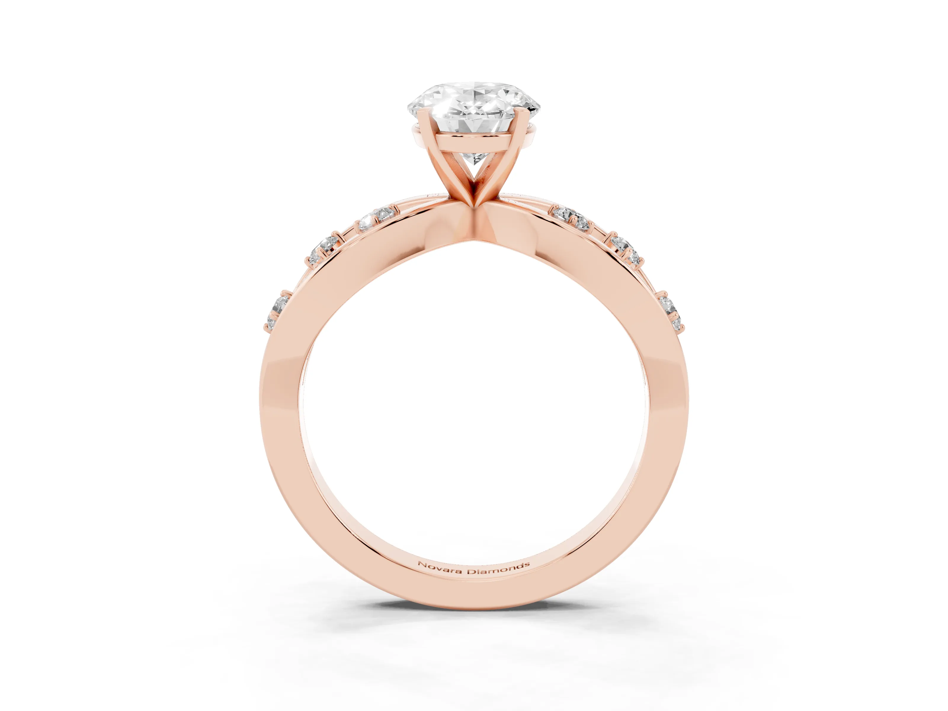 Oval Cut Diamond Solitaire Ring Set in Rose gold with Side Stones on Criss-Cross Band and Prong Setting