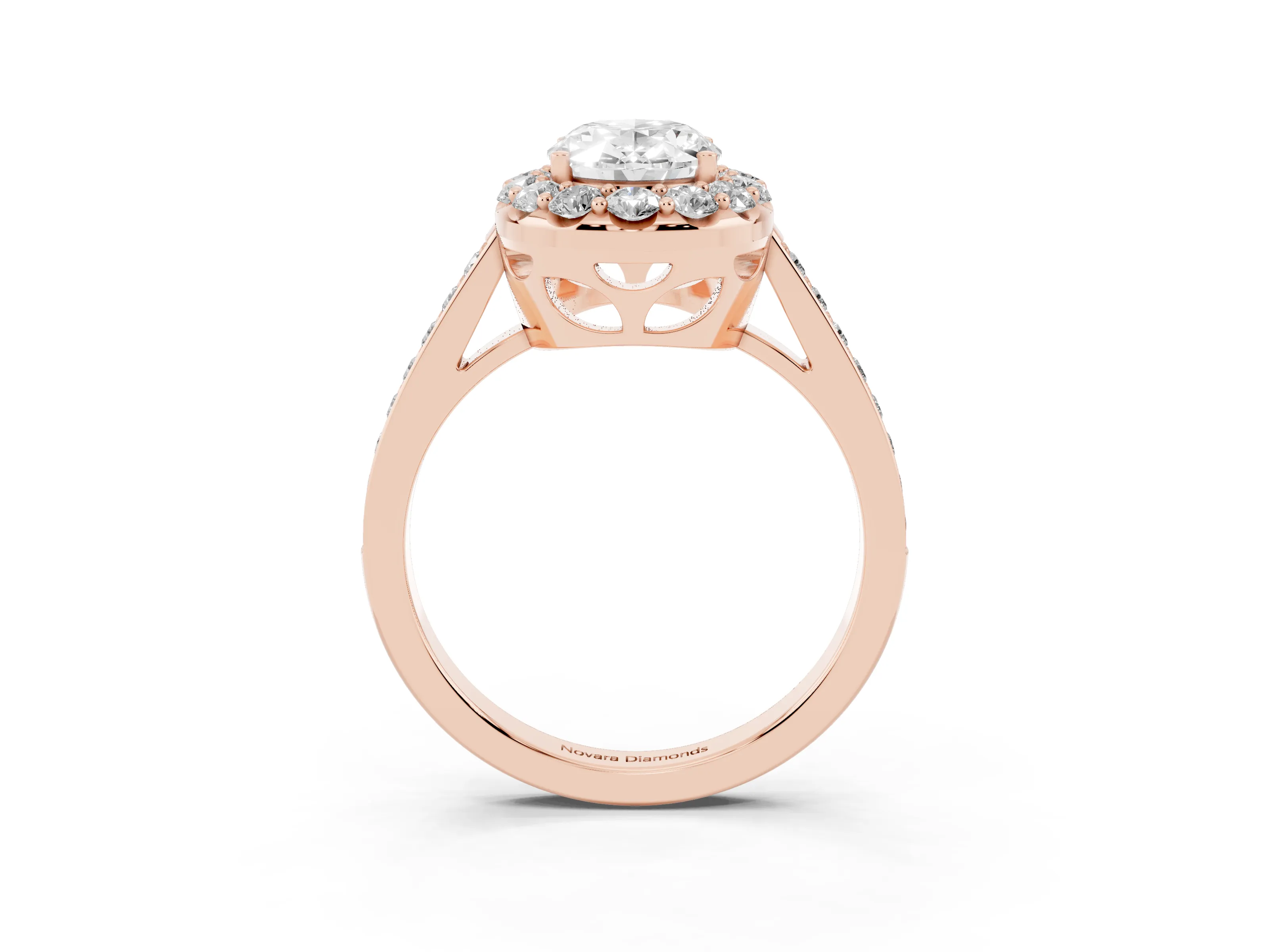 Oval Cut Diamond Floral Halo Ring Set in Rose gold with Pavé Band and Prong Setting