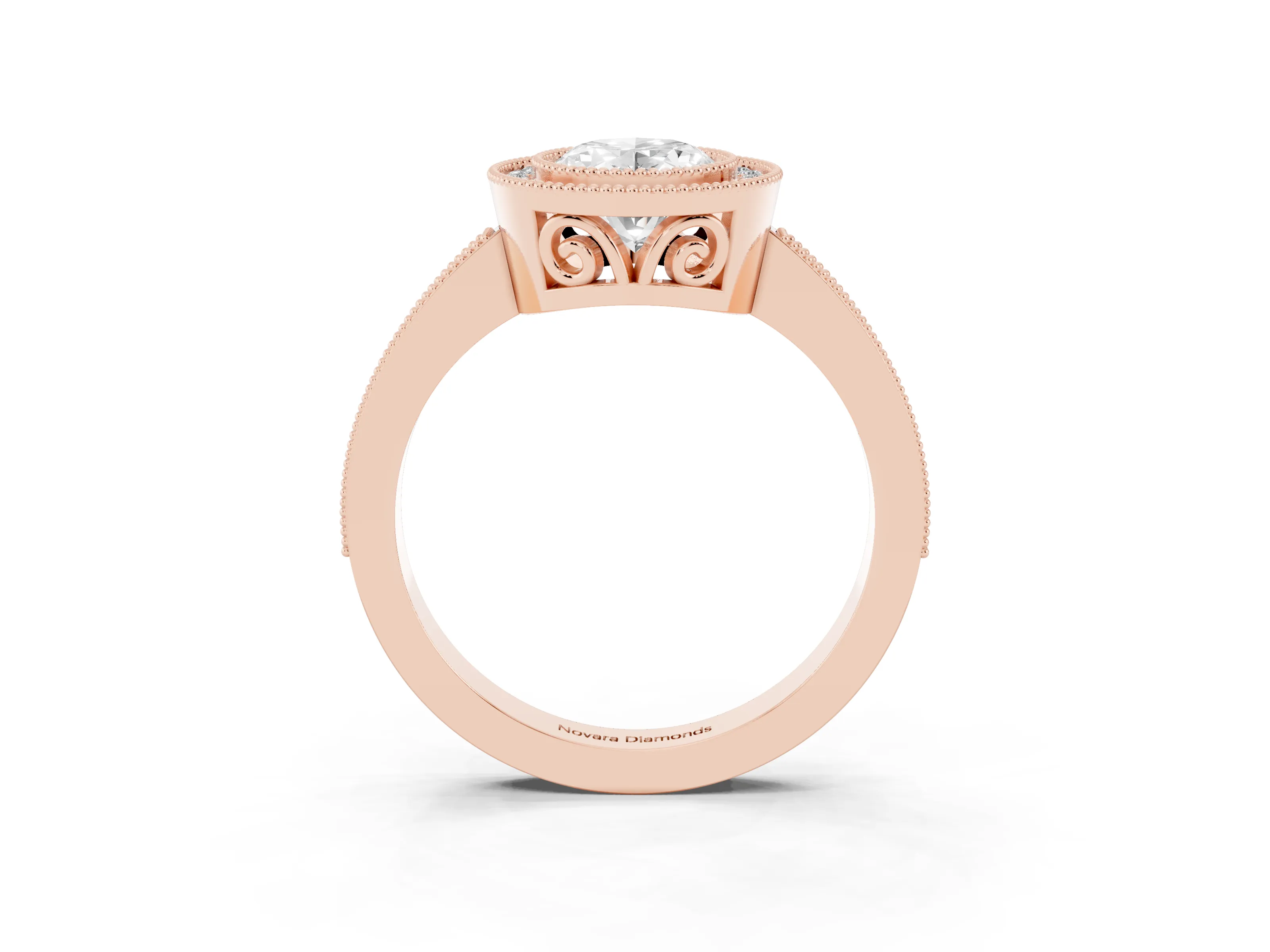 Oval Cut Diamond Halo Ring Set in Rose gold with Pavé Band and Milgrain-Edged Prongs