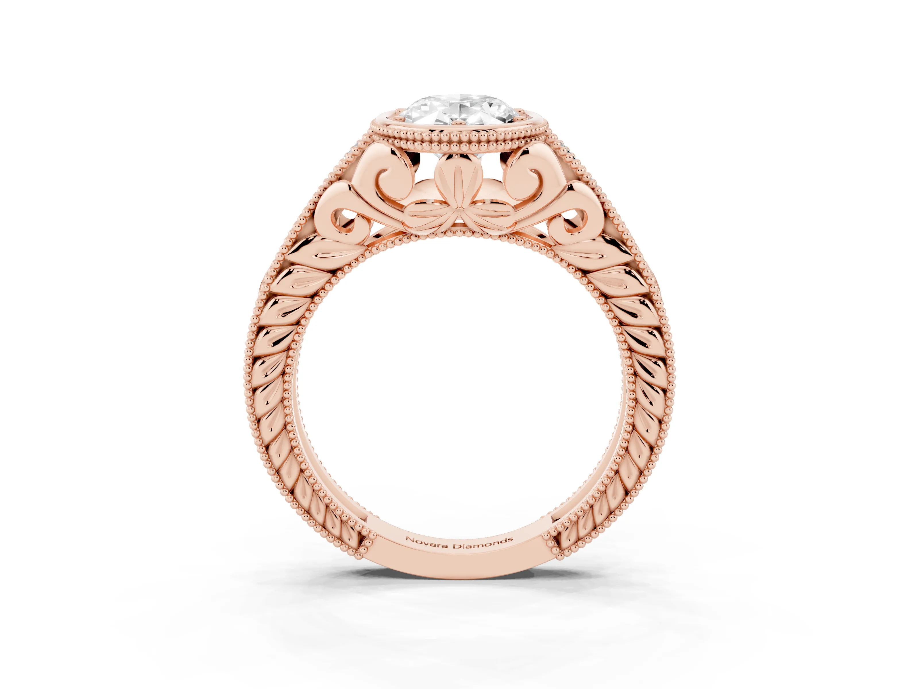 Bezel Set Oval Cut Diamond Milgrain Pavé Engagement Ring Set in Rose gold