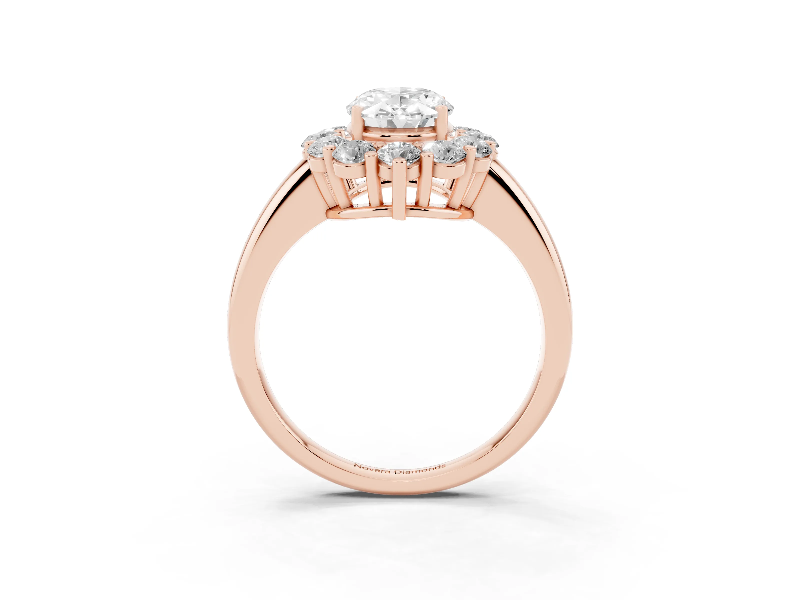 Oval Cut Diamond Halo Cluster Engagement Ring Set in Rose gold with Polished Band and Prong Setting