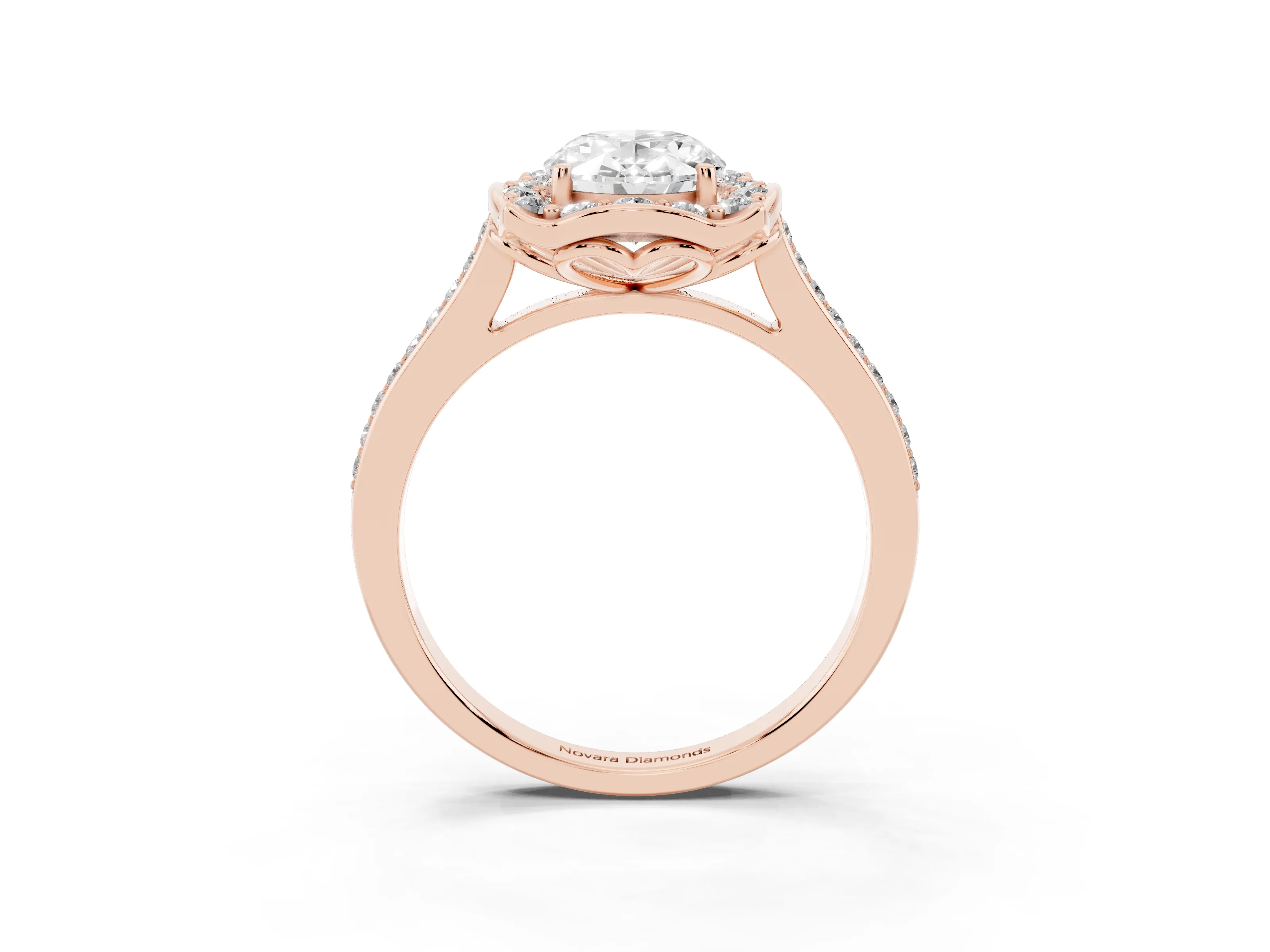 Oval Cut Diamond Halo Ring Set in Rose gold with Pavé-Lined Shoulders and Prong Setting