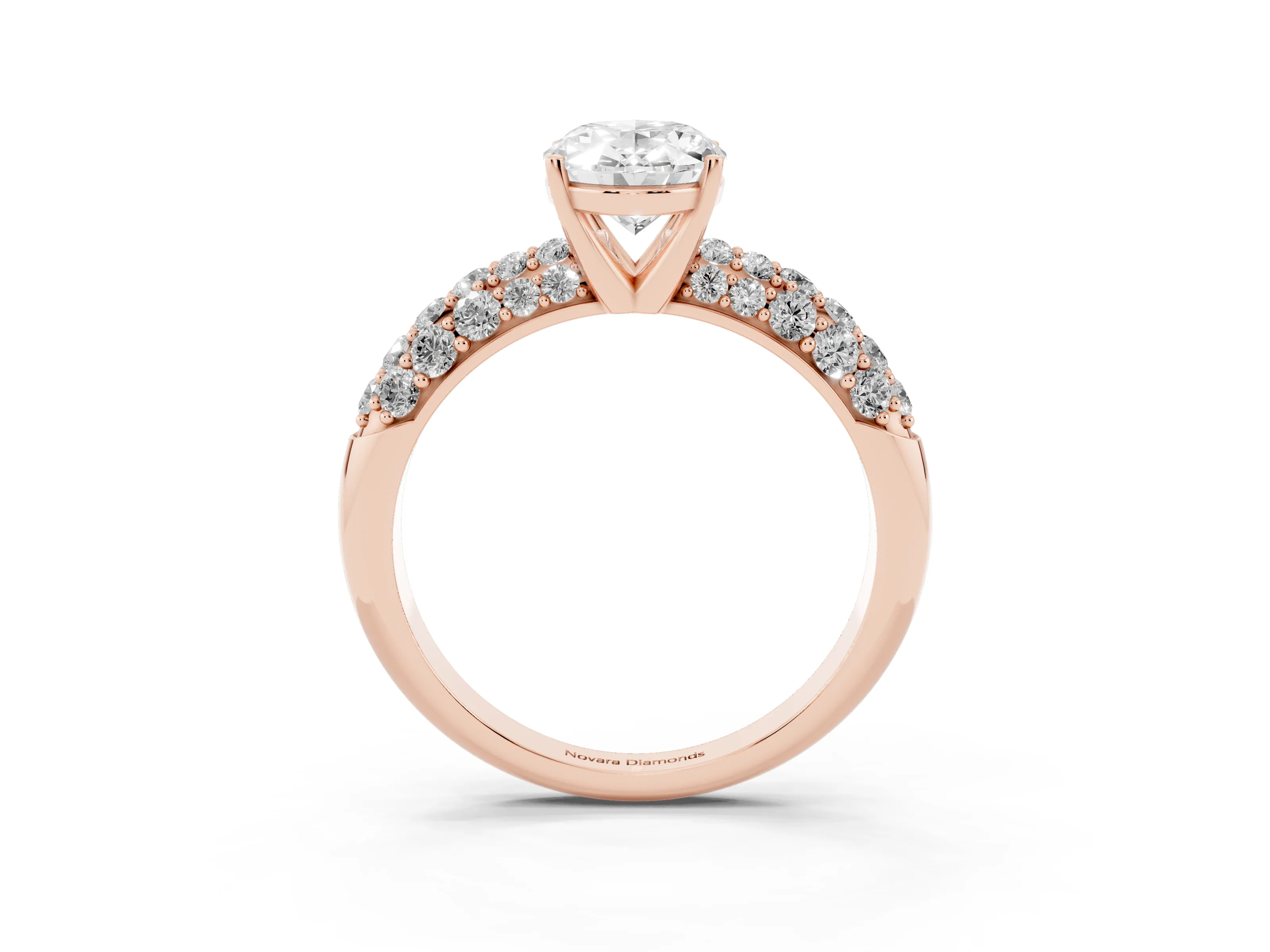 Oval Cut Diamond Pavé Band Solitaire Ring Set in Rose gold with Close-Set Accent Stones and Prong Setting