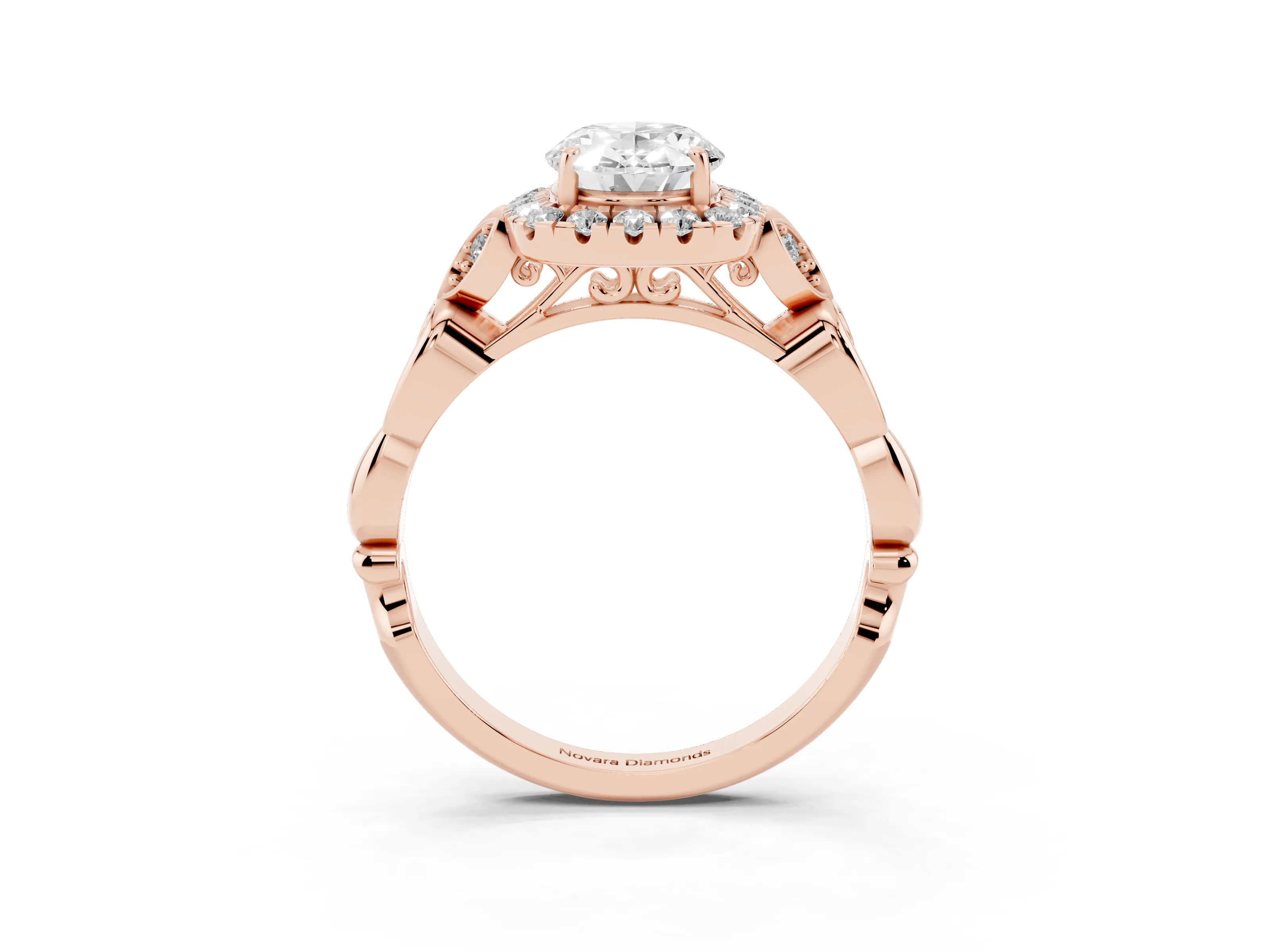 Oval Cut Diamond Halo Engagement Ring Set in Rose gold with Vintage-Inspired Band and Prong Setting
