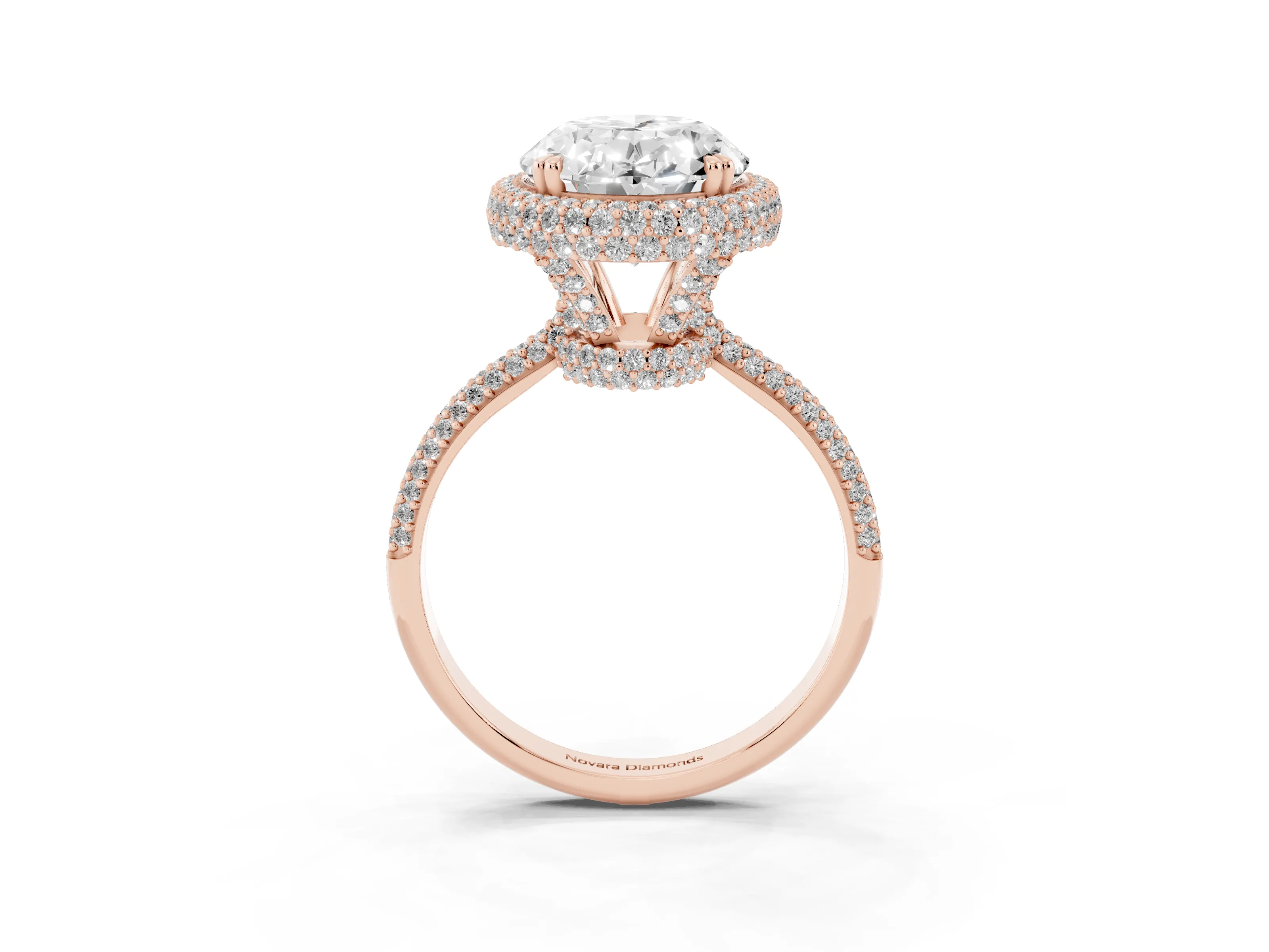 Oval Diamond Halo Ring Set in Rose gold with Round Accent Halo and Pavé Band