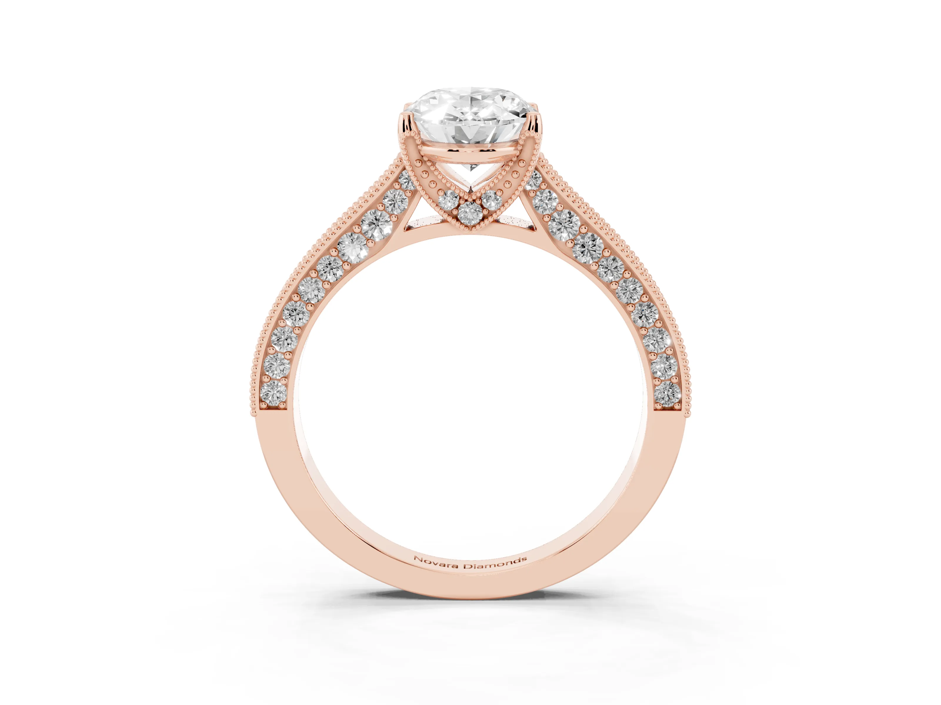 Oval Cut Diamond Solitaire Ring Set in Rose gold with Milgrain-Edged Pavé Band and Prong Setting