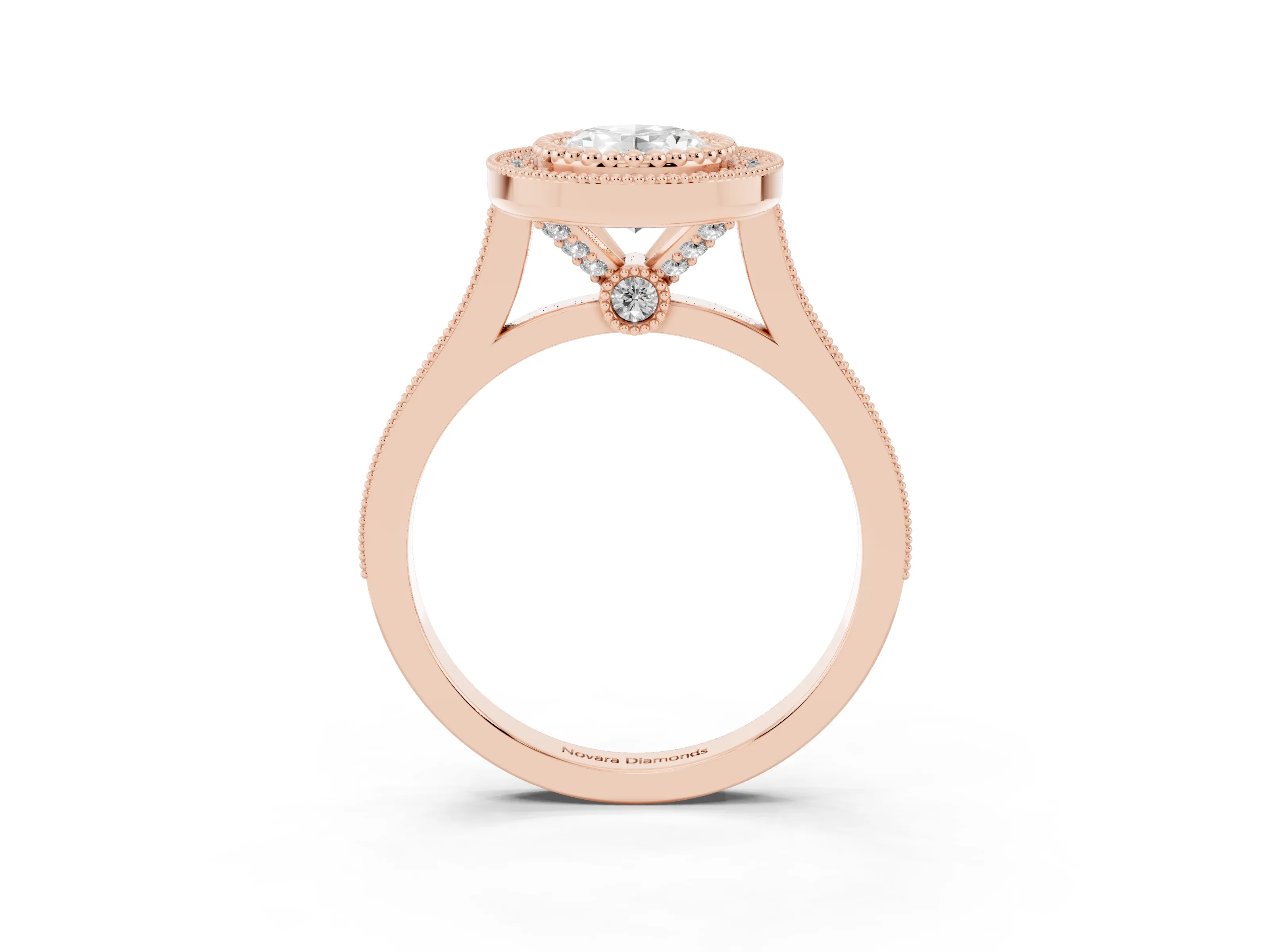 Oval Cut Diamond Halo Ring Set in Rose gold with Milgrain Frame and Pavé Band