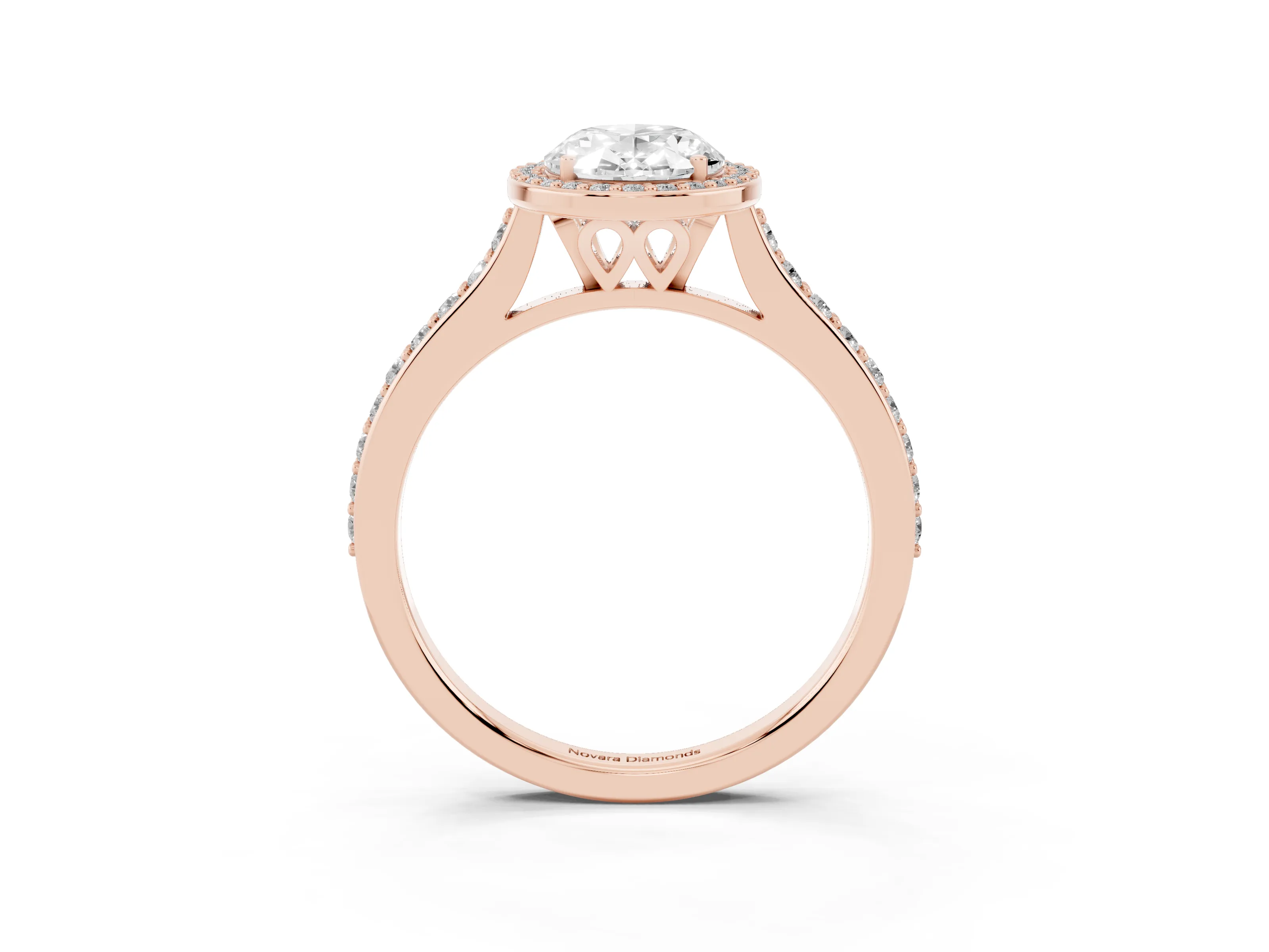 Oval Cut Diamond Halo Engagement Ring Set in Rose gold with Round Pavé Shoulders and Heart Gallery