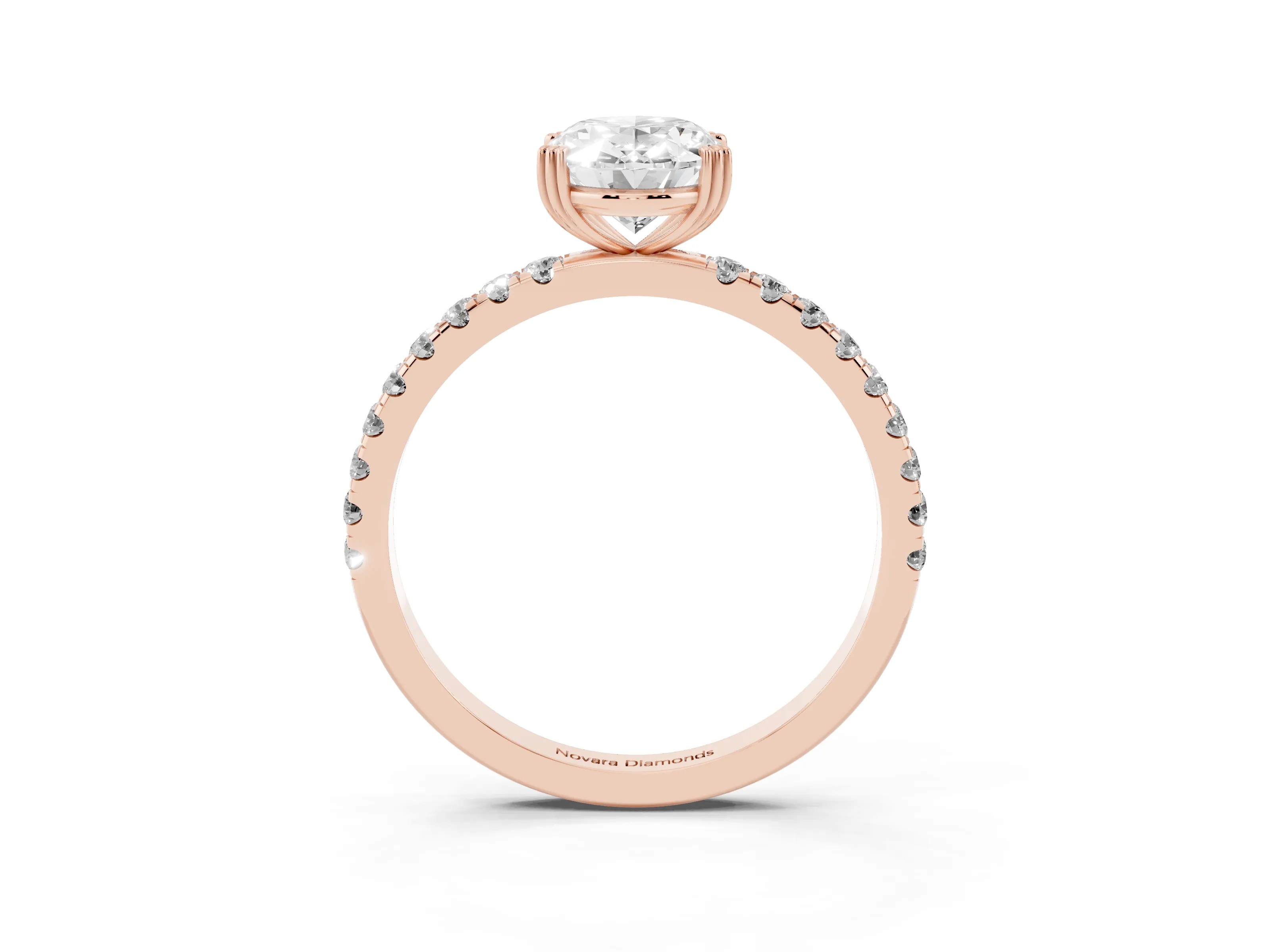 Oval Cut Diamond Brilliant Solitaire Set in Rose gold with Pavé Band and Claw Prong Setting