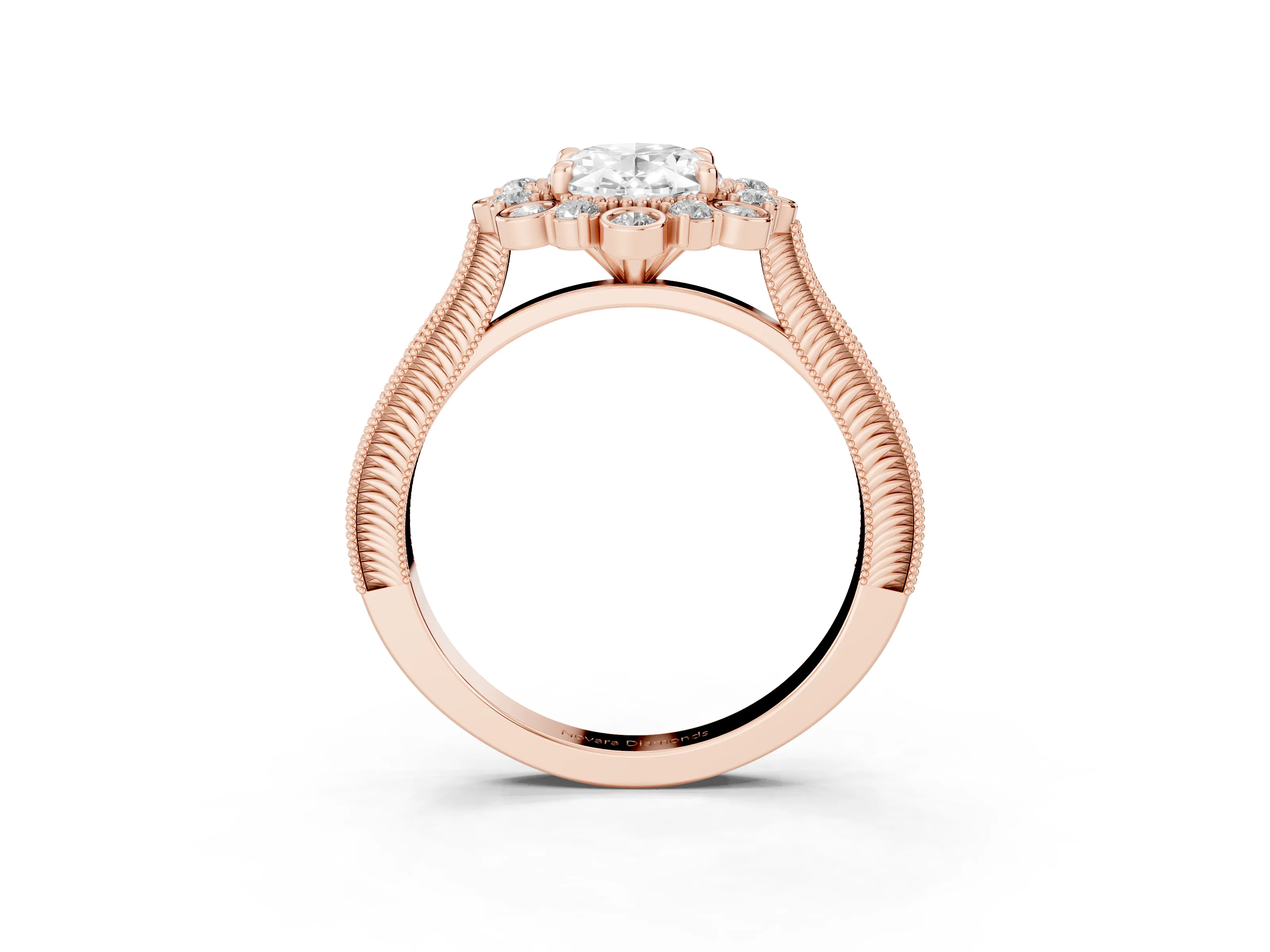 Oval Cut Diamond Halo Milgrain Pavé Ring Set in Rose gold with Prong Setting
