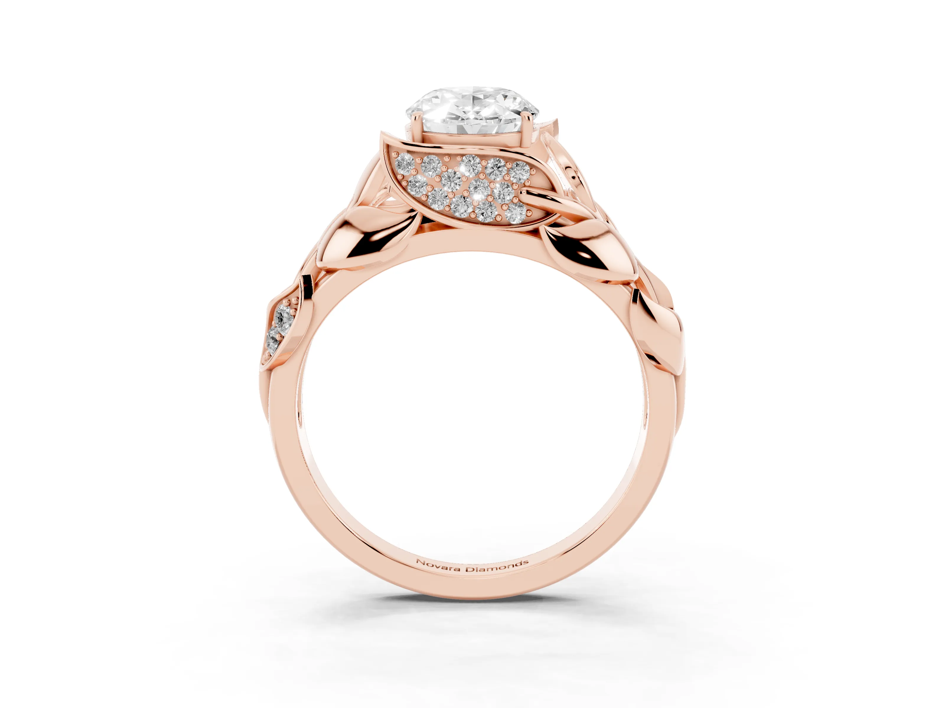 Oval Cut Diamond Leaf-Inspired Engagement Ring Set in Rose gold with Round Accents