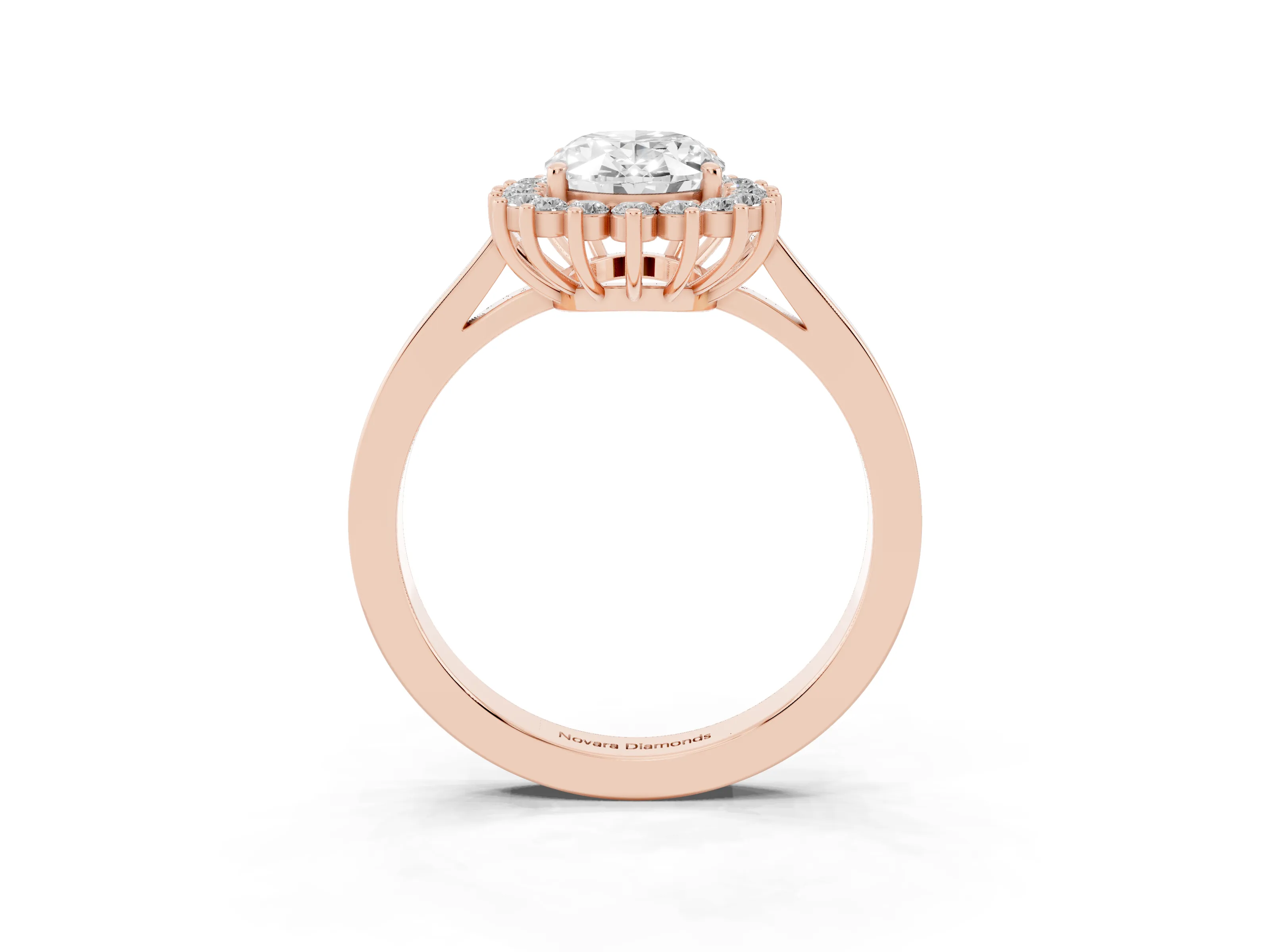 Oval Cut Diamond Halo Ring Set in Rose gold with Round Halo and Smooth Solitaire Band