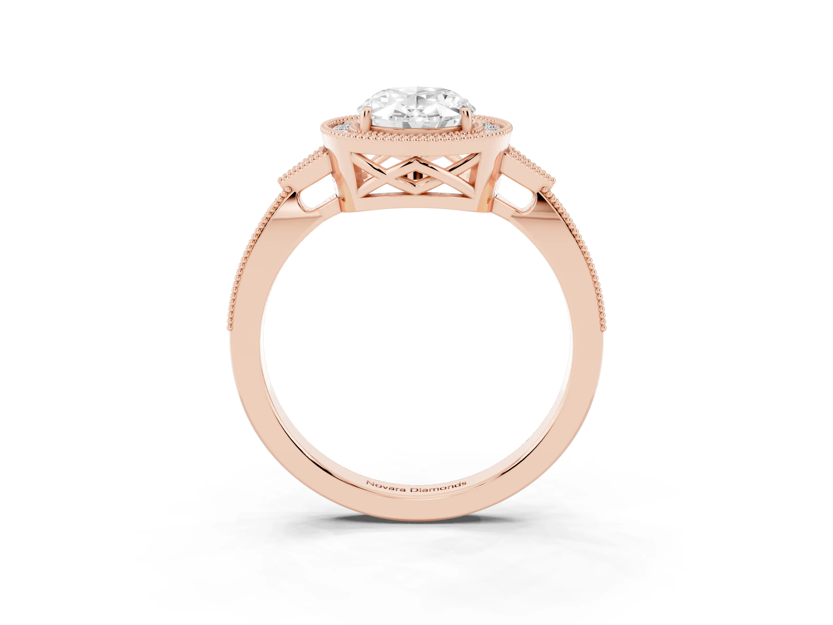 Oval Cut Diamond Halo Engagement Ring Set in Rose gold with Milgrain Pavé Band