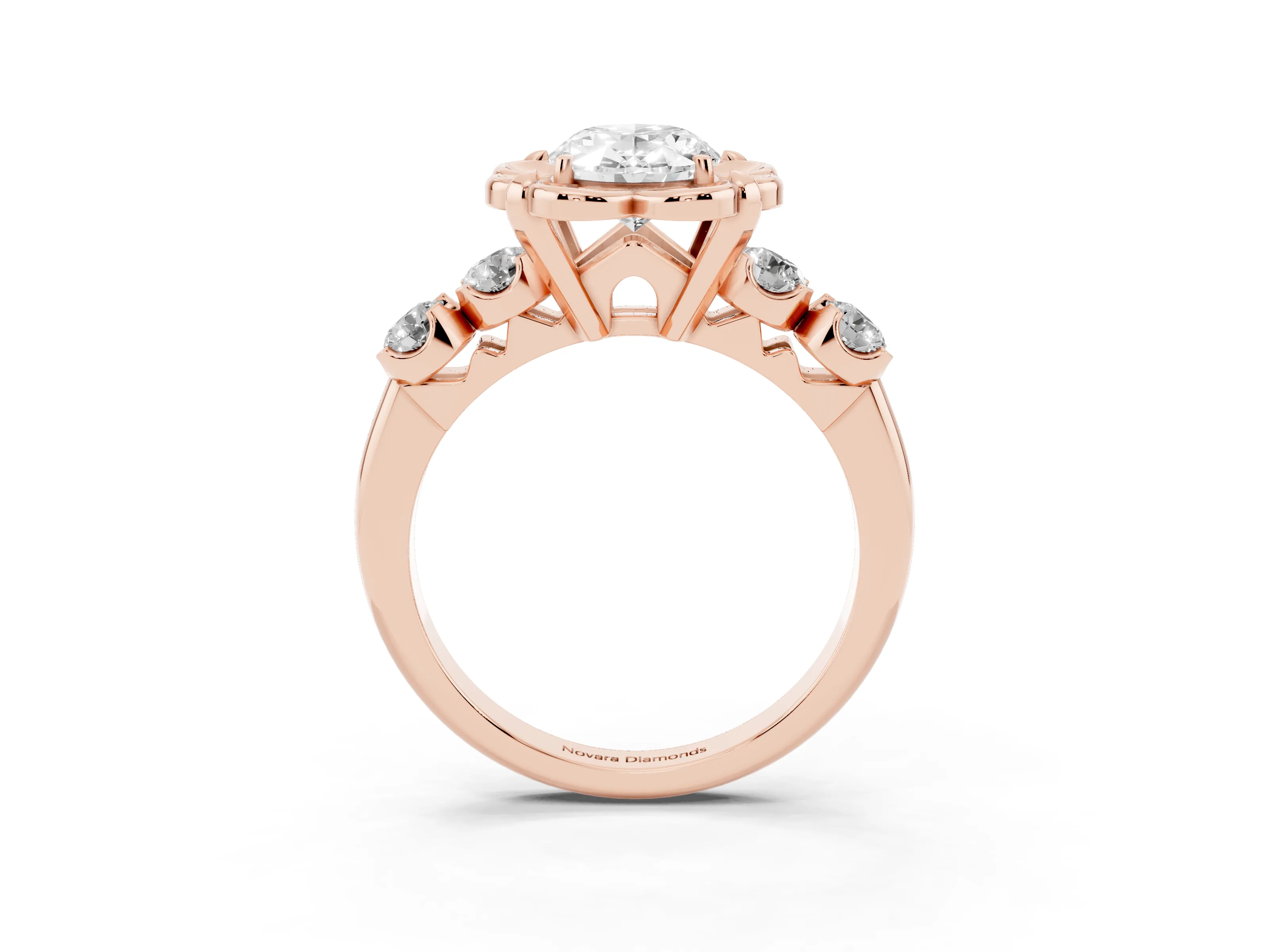 Oval Cut Diamond Floral Halo Ring Set in Rose gold with Shared Prong Band
