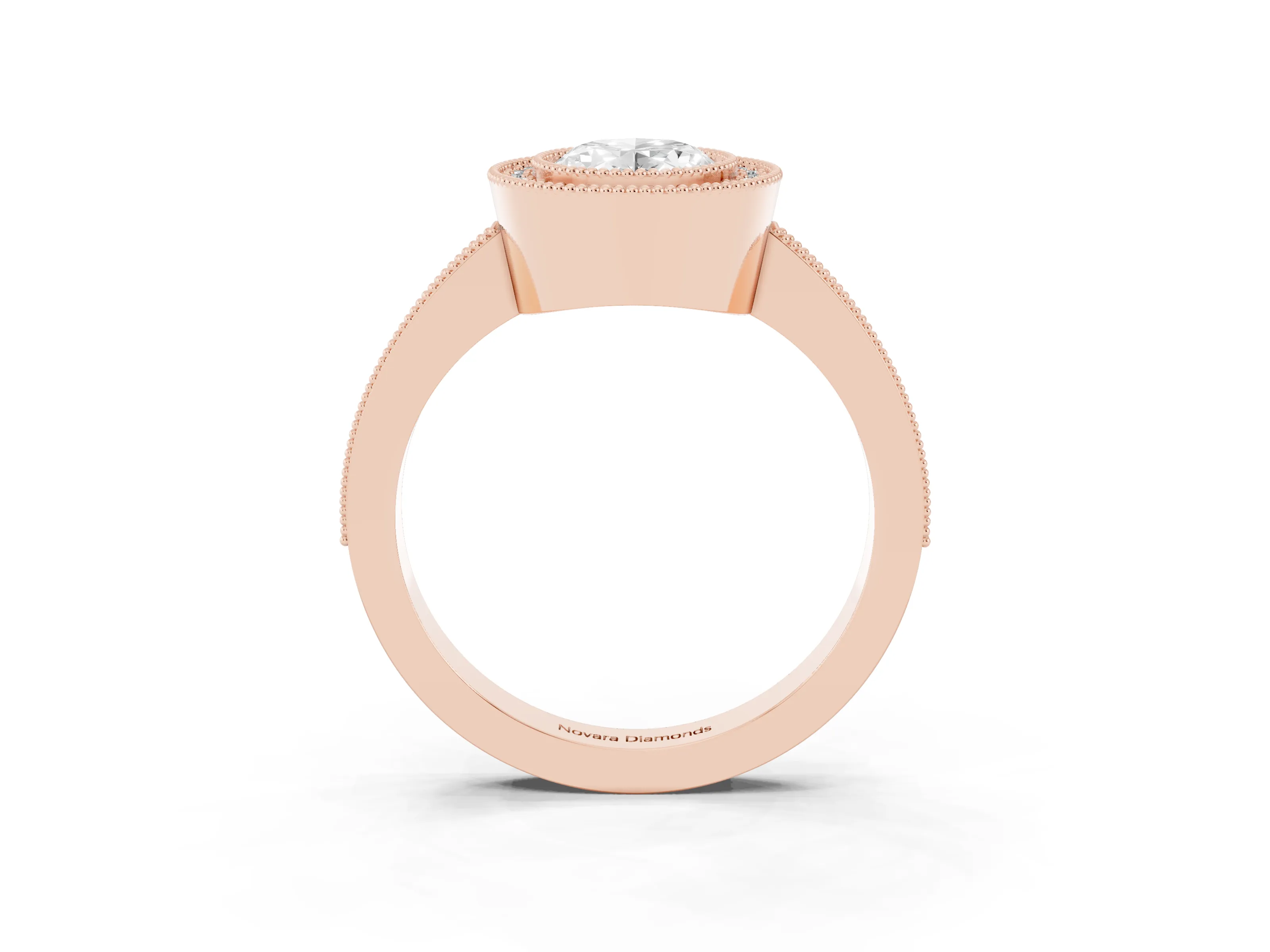 Oval Cut Diamond Halo Engagement Ring Set in Rose gold with Pavé Band and Round Halo Stones
