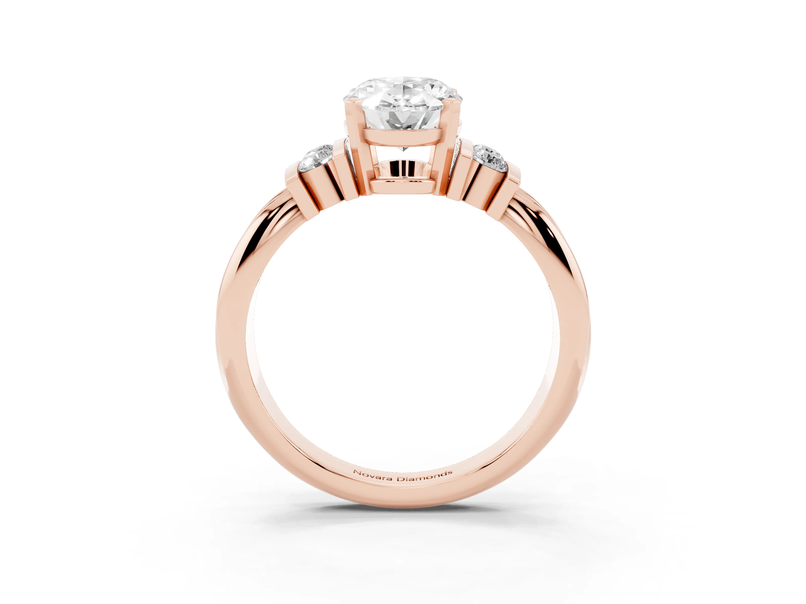 Three-Stone Oval Cut Diamond Channel Set Ring Set in Rose gold with Bar Prongs