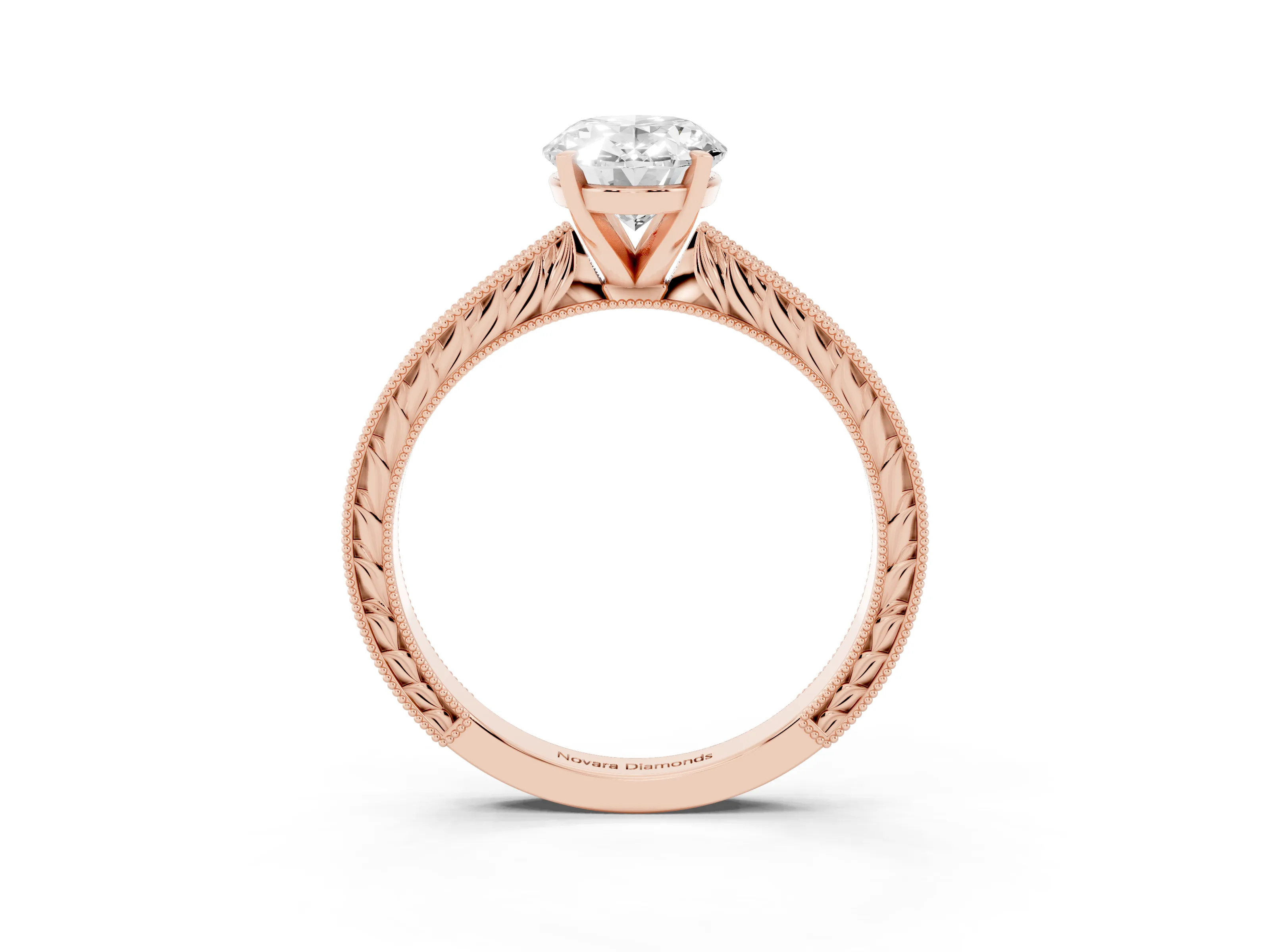 Oval Cut Diamond Solitaire Milgrain Engraved Band Set in Rose gold with Prong Setting