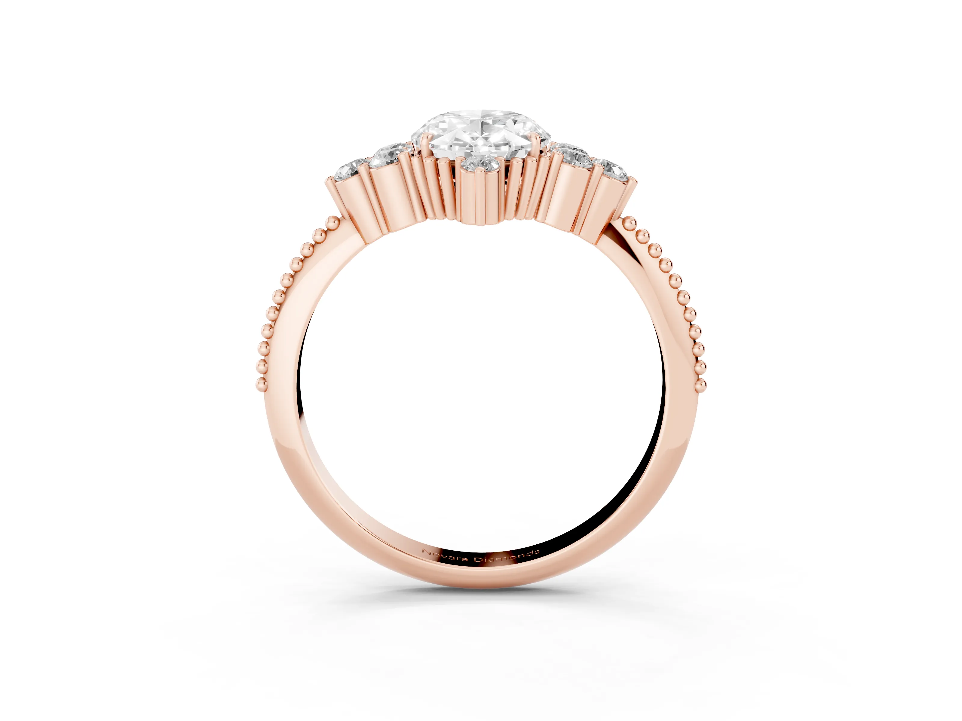 Oval Cut Diamond Cluster Ring Set in Rose gold with Beaded Band
