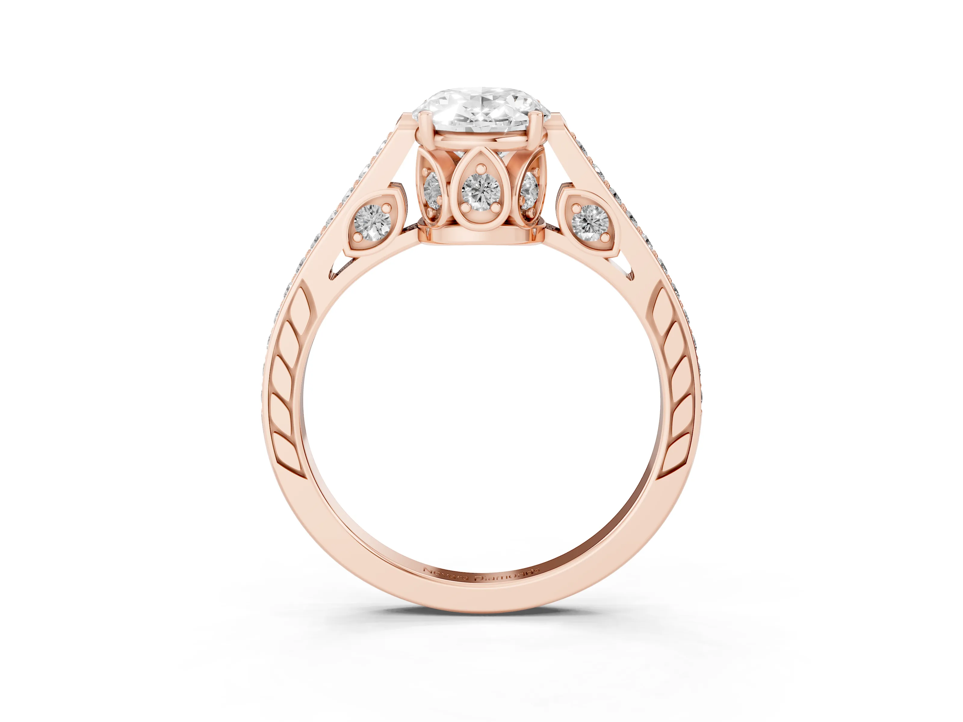Oval Cut Diamond Cathedral Pavé Engagement Ring Set in Rose gold with Prong Setting