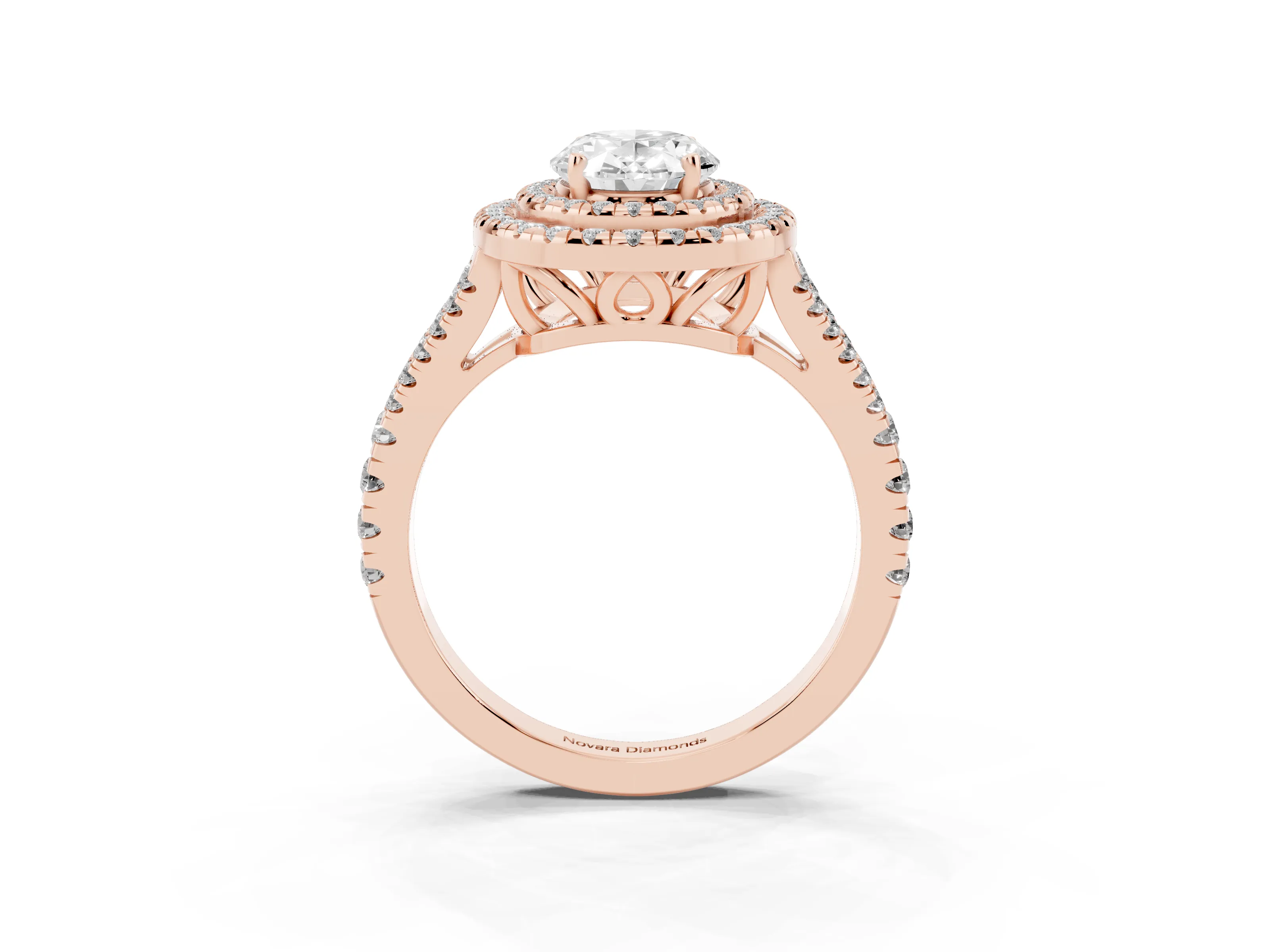 Oval Cut Diamond Double Halo Ring Set in Rose gold with Pavé Band
