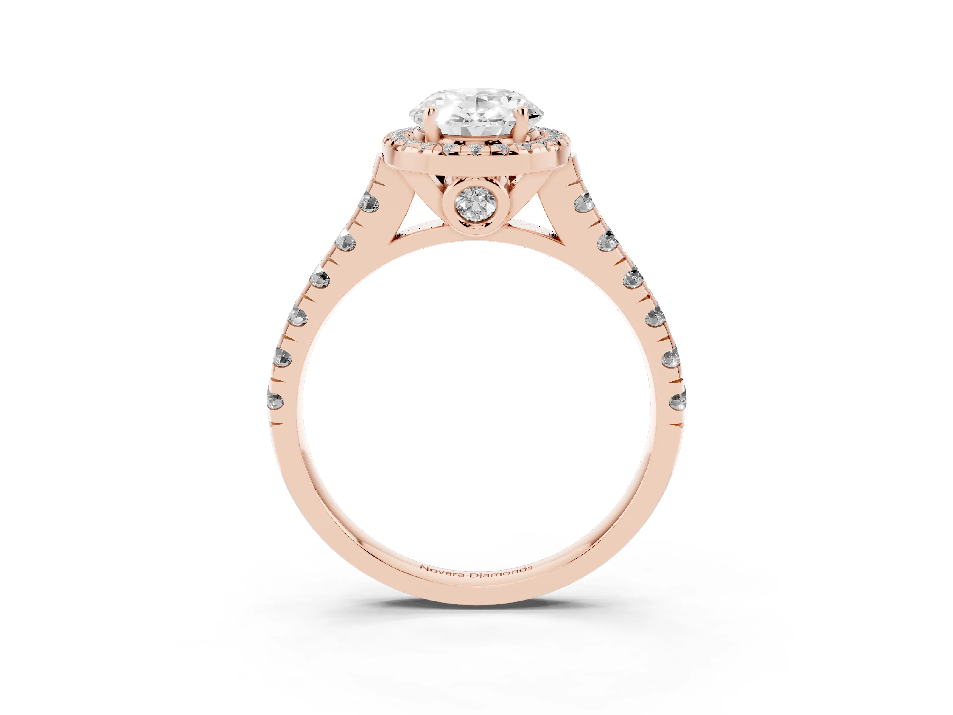 Oval Cut Diamond Halo Engagement Ring Set in Rose gold with Pavé Band and Prong-Set Center