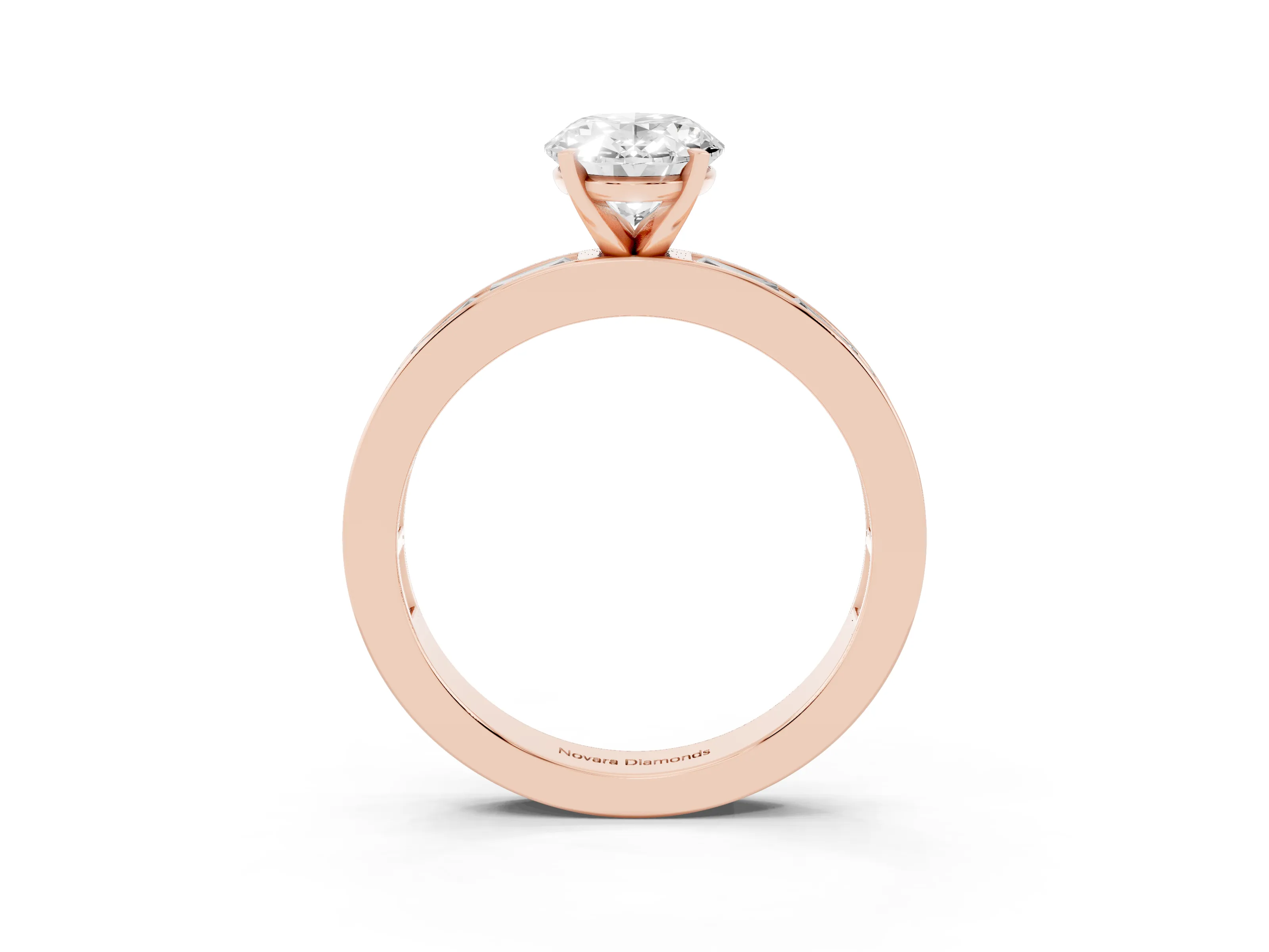 Oval Cut Diamond Solitaire Ring Set in Rose gold with Channel-Set Baguette Band and Prong Setting