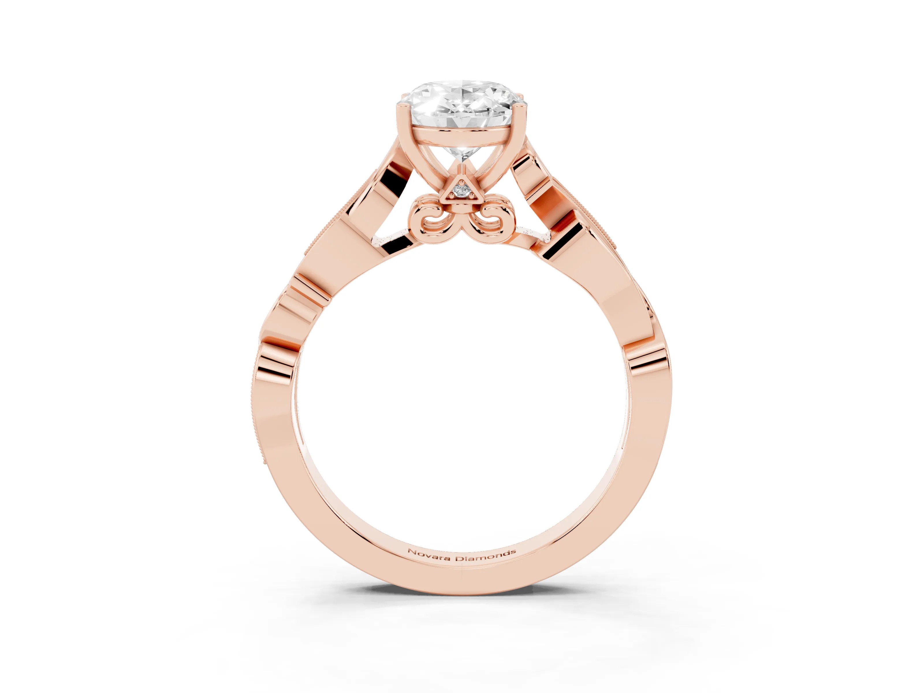 Oval Cut Diamond Vine Band Solitaire Ring Set in Rose gold with Milgrain Prong Setting