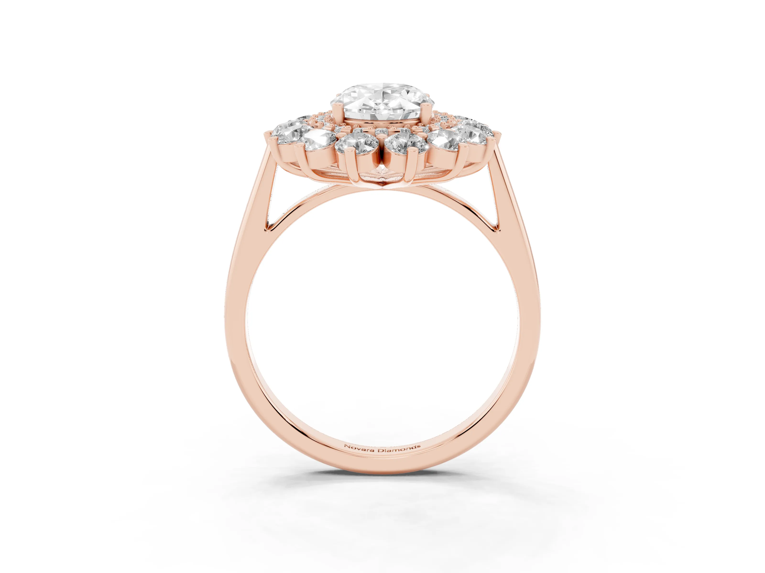 Oval Cut Diamond Floral Double Halo Ring Set in Rose gold with Round Petals