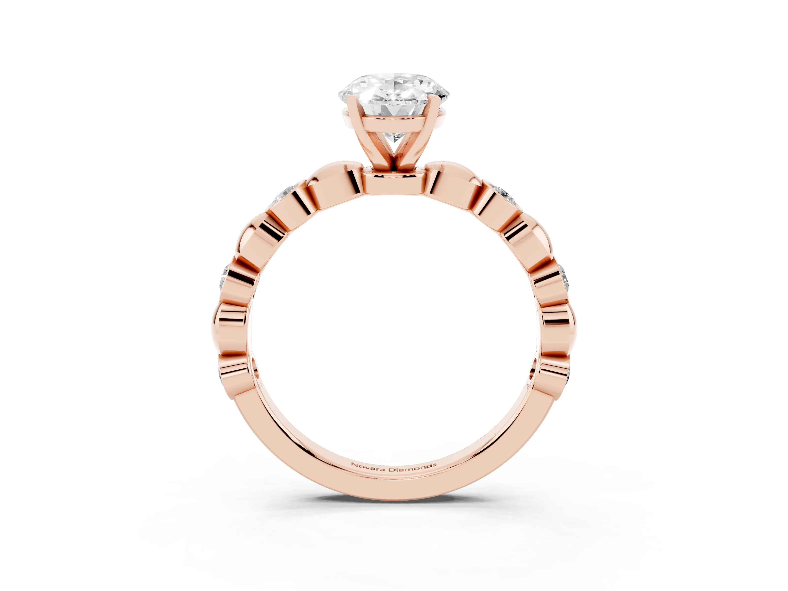Oval Cut Diamond Solitaire Ring Set in Rose gold with Bezel-Set Accents on Beaded Band and Prong Setting