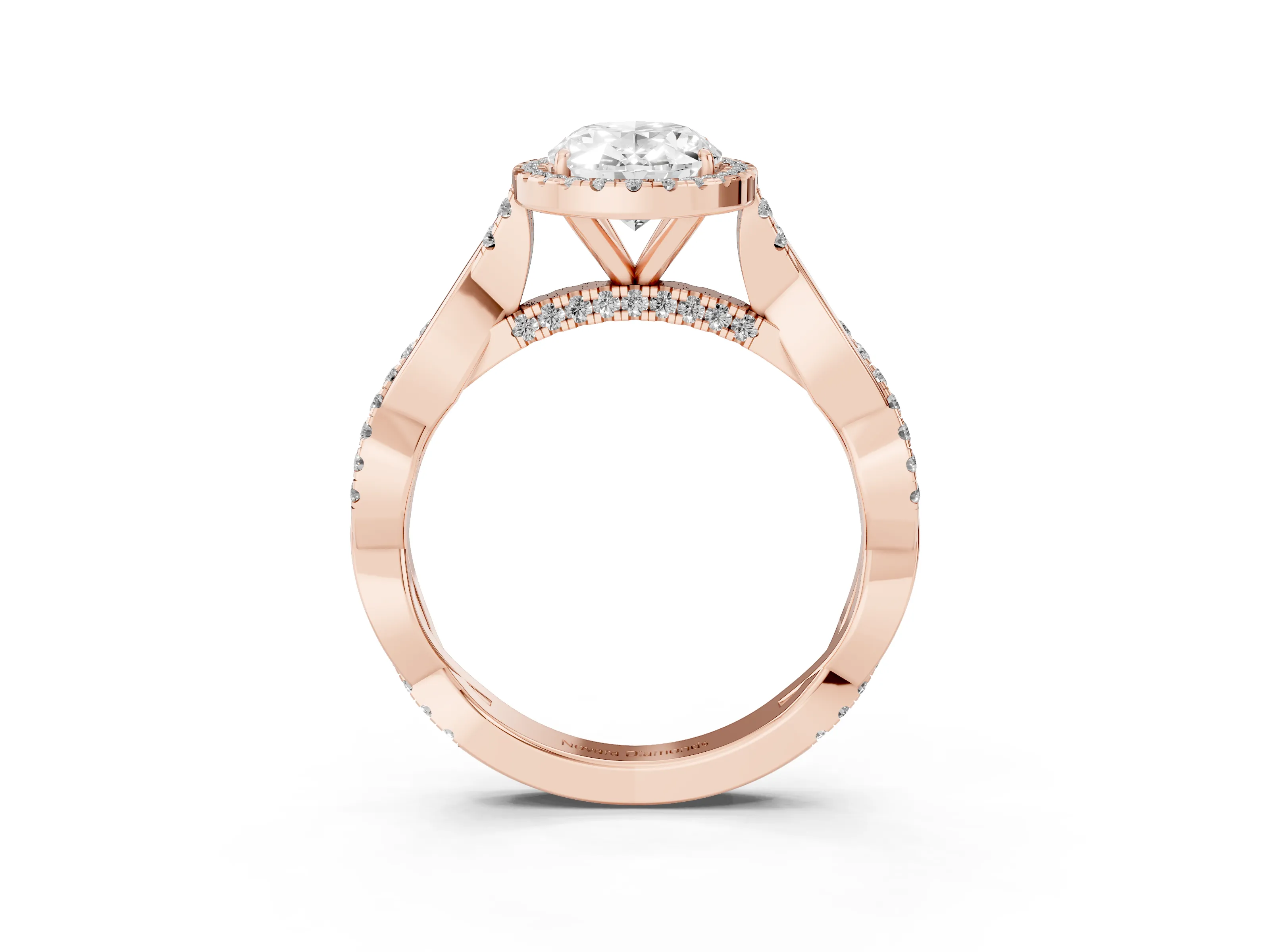 Oval Cut Diamond Halo Twist Band Solitaire Ring Set in Rose gold with Prong Setting
