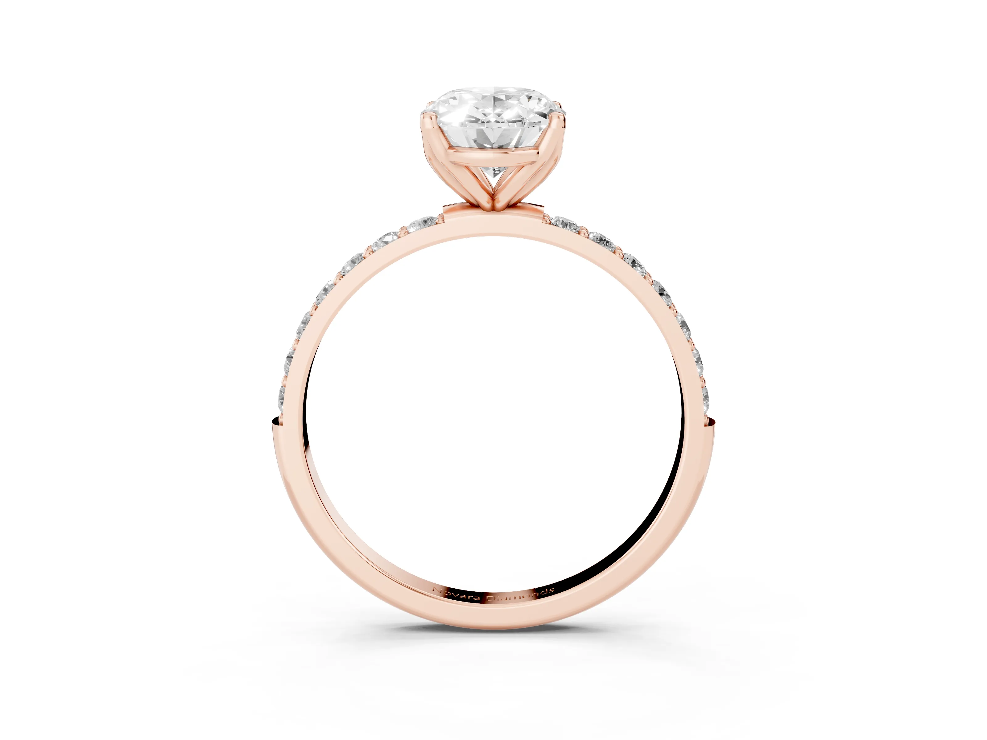 Oval Cut Diamond Solitaire Engagement Ring Set in Rose gold with Round Pavé Band and Prong Setting