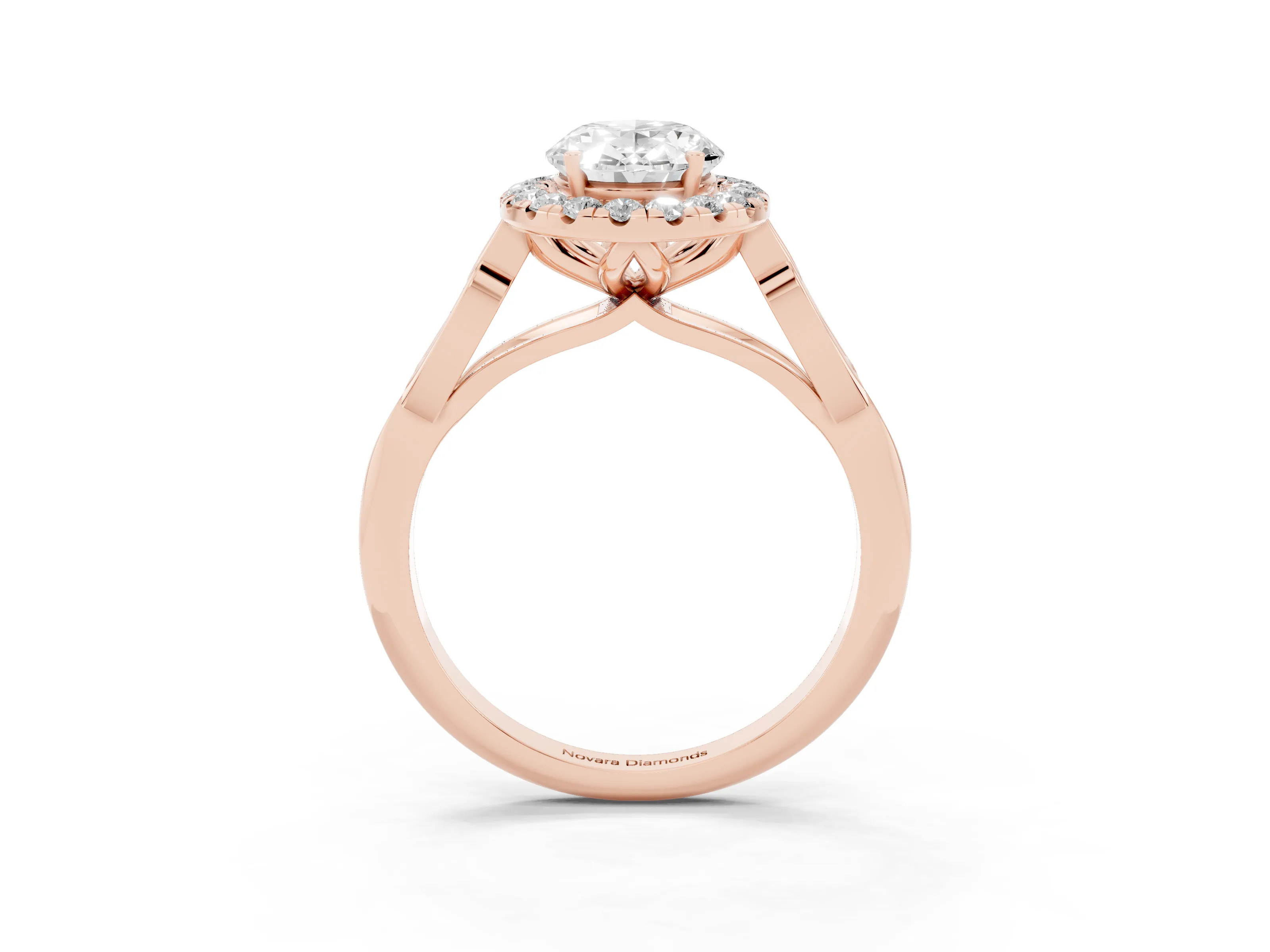 Oval Cut Diamond Halo Engagement Ring Set in Rose gold with Filigree Band and Prong-Set Center
