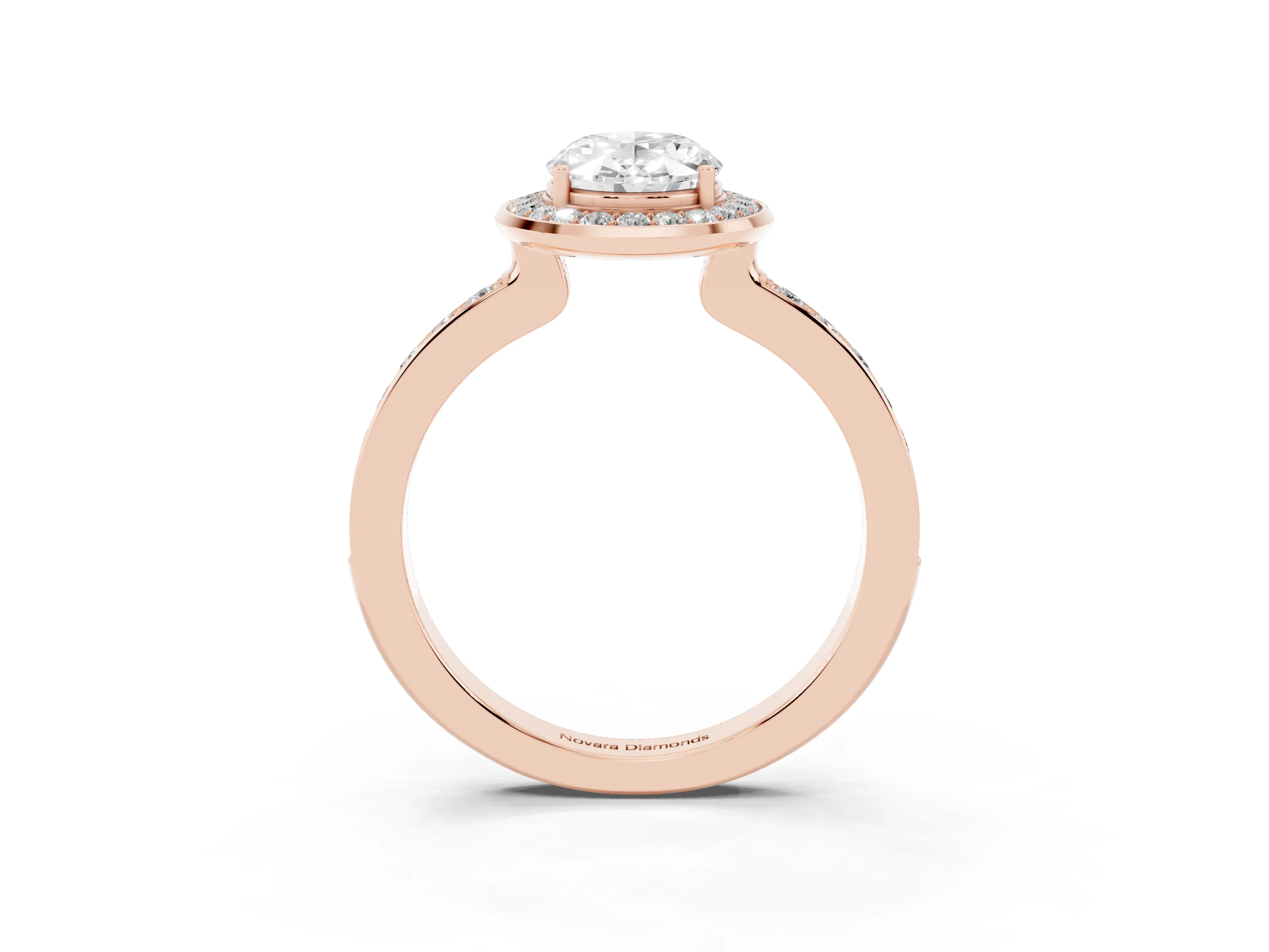 Oval Cut Diamond Halo Ring Set in Rose gold with Bezel Frame and Pavé Band