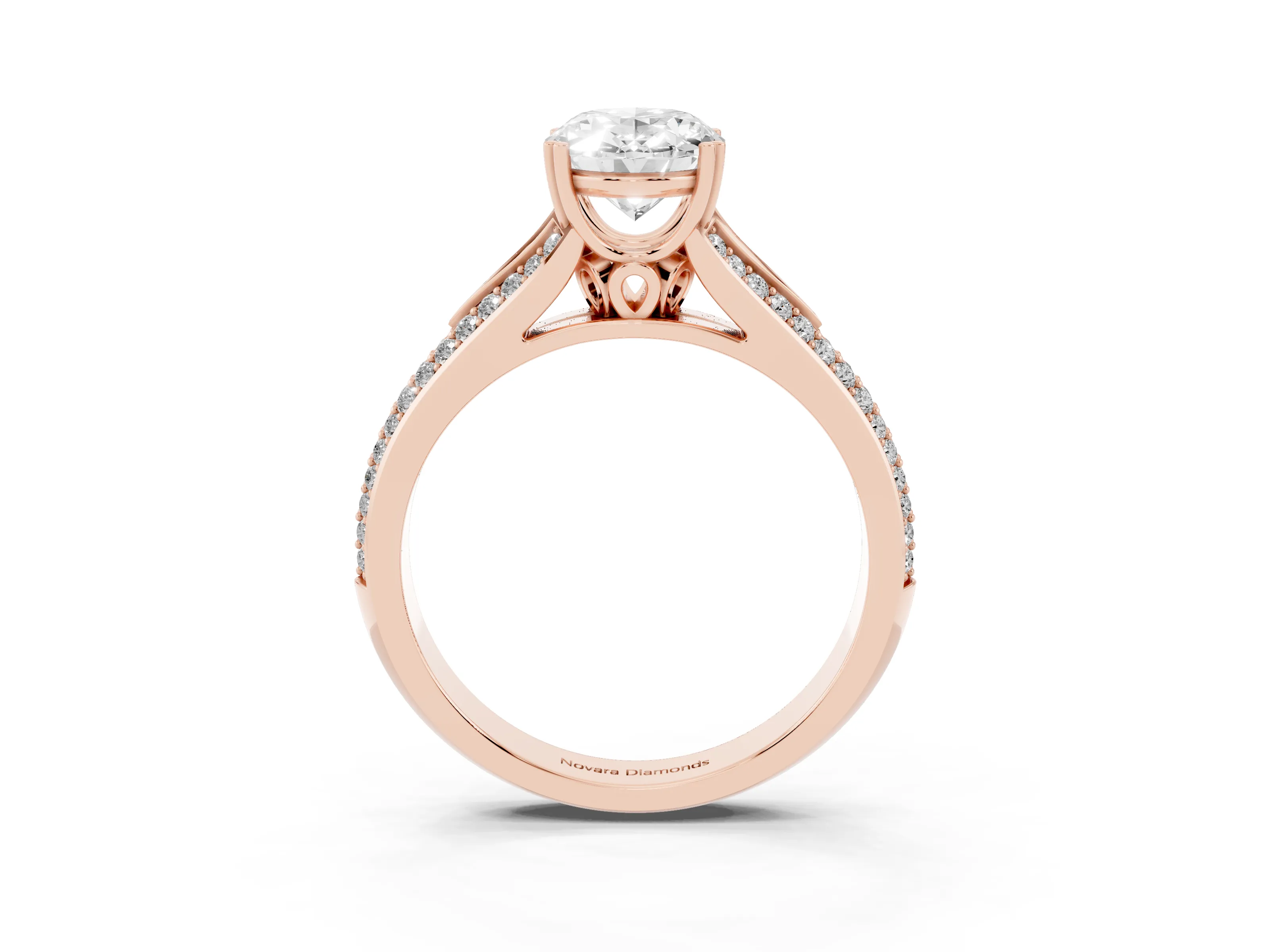 Oval Cut Diamond Split Shank Pavé Engagement Ring Set in Rose gold with Prong-Set Center Stone