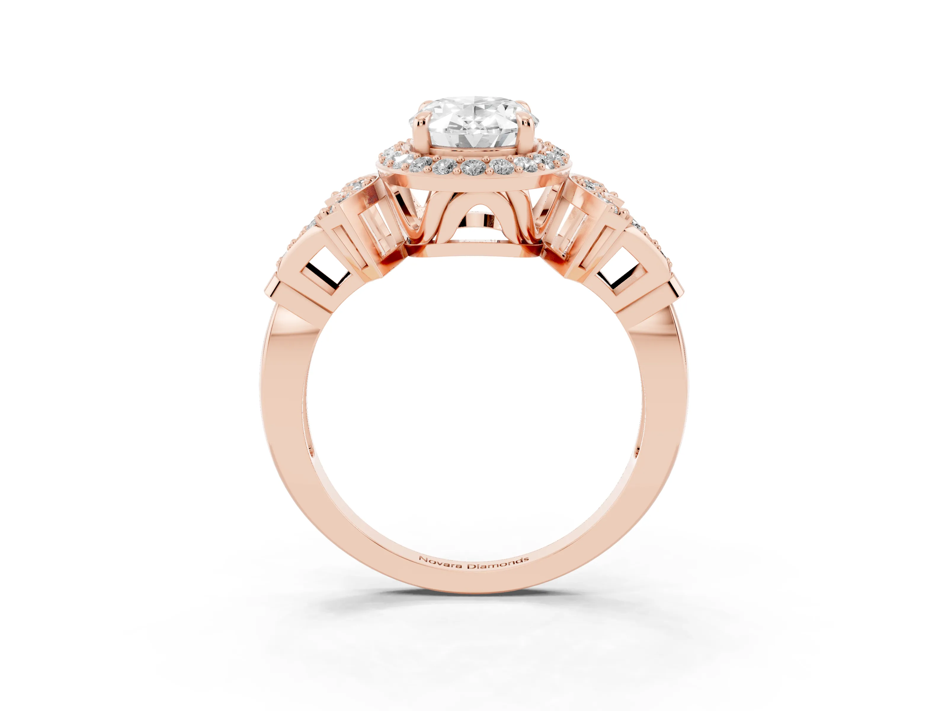 Oval Cut Diamond Halo Engagement Ring Set in Rose gold with Accent Stone Split Shank