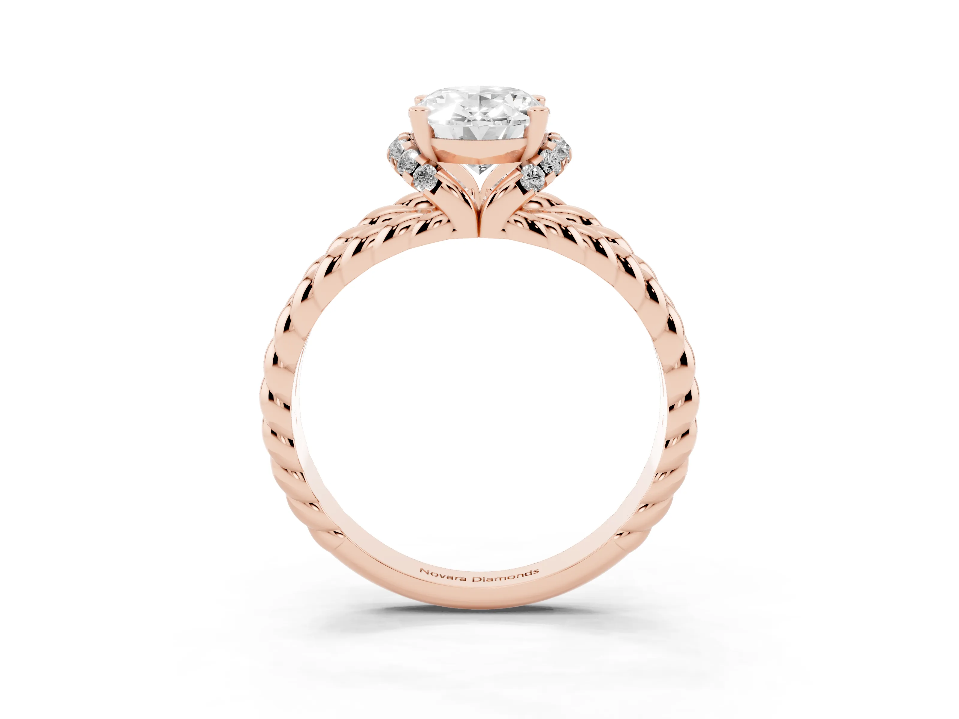 Oval Cut Diamond Halo Ring Set in Rose gold with Twisted Band and Prong Setting