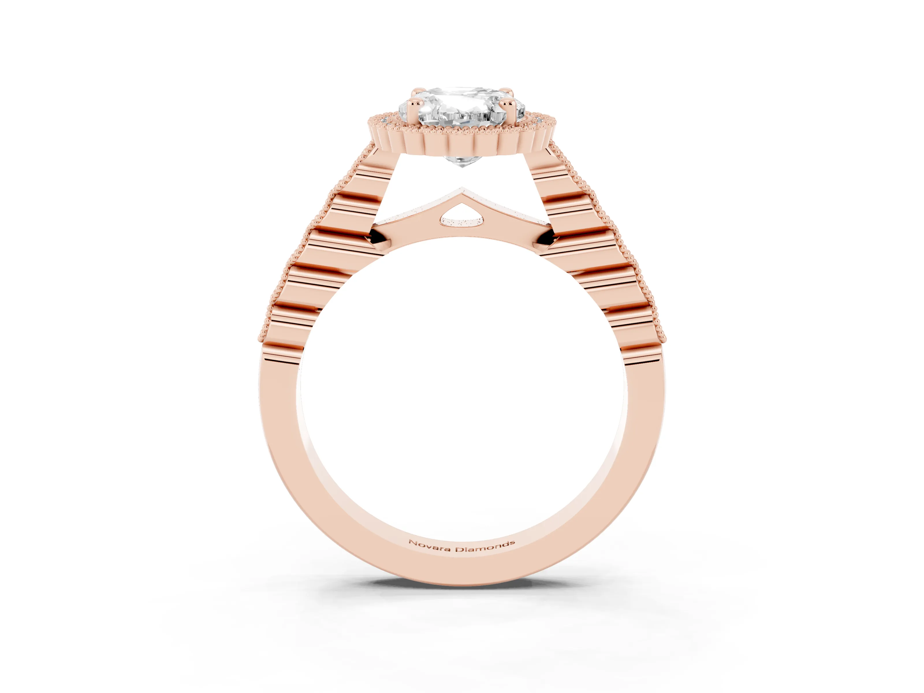 Oval Cut Diamond Halo Ring Set in Rose gold with Pavé Milgrain Band