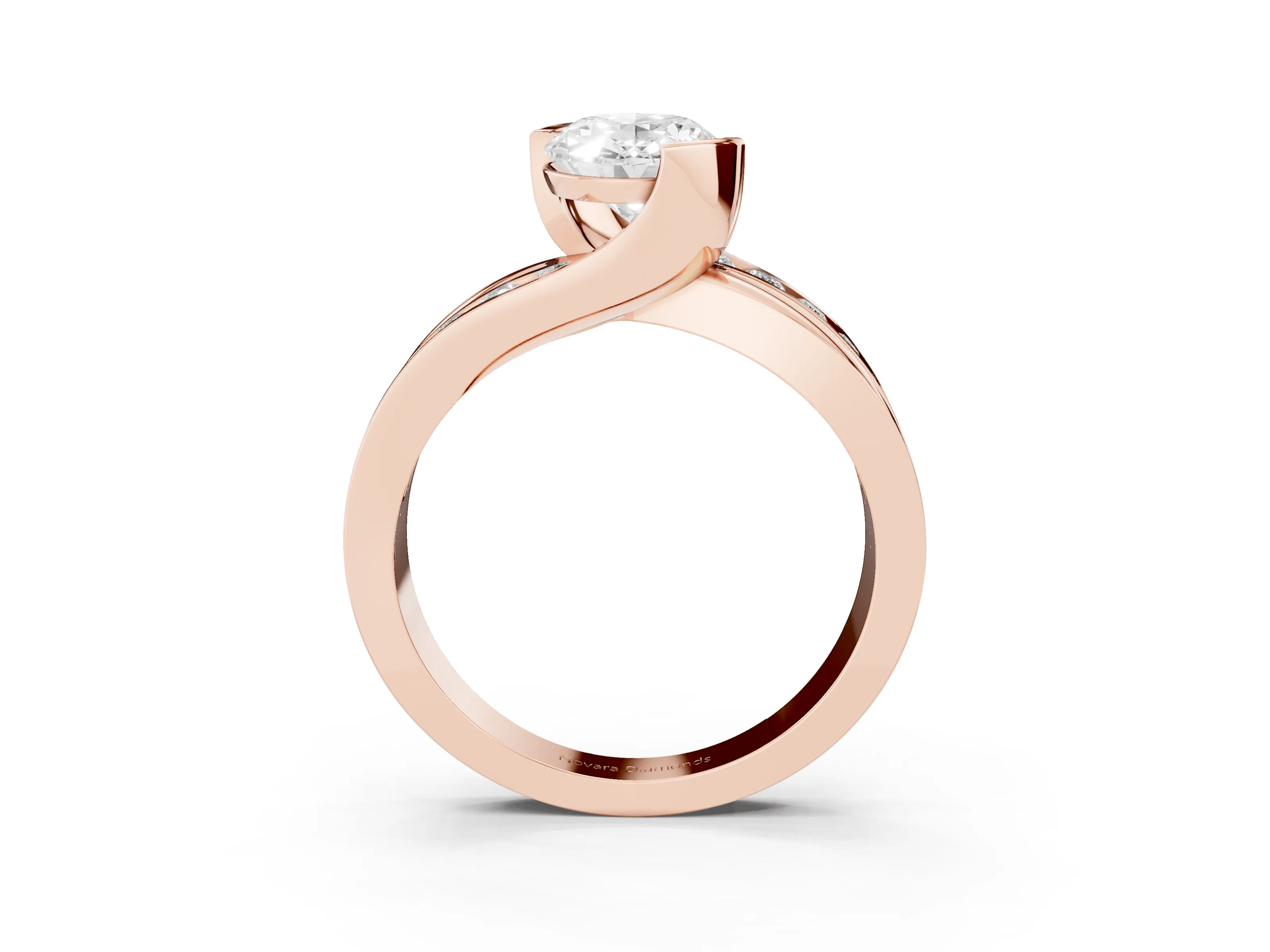 Oval Cut Diamond Solitaire Ring Set in Rose gold with Channel Set Split Shank and Tension Prongs
