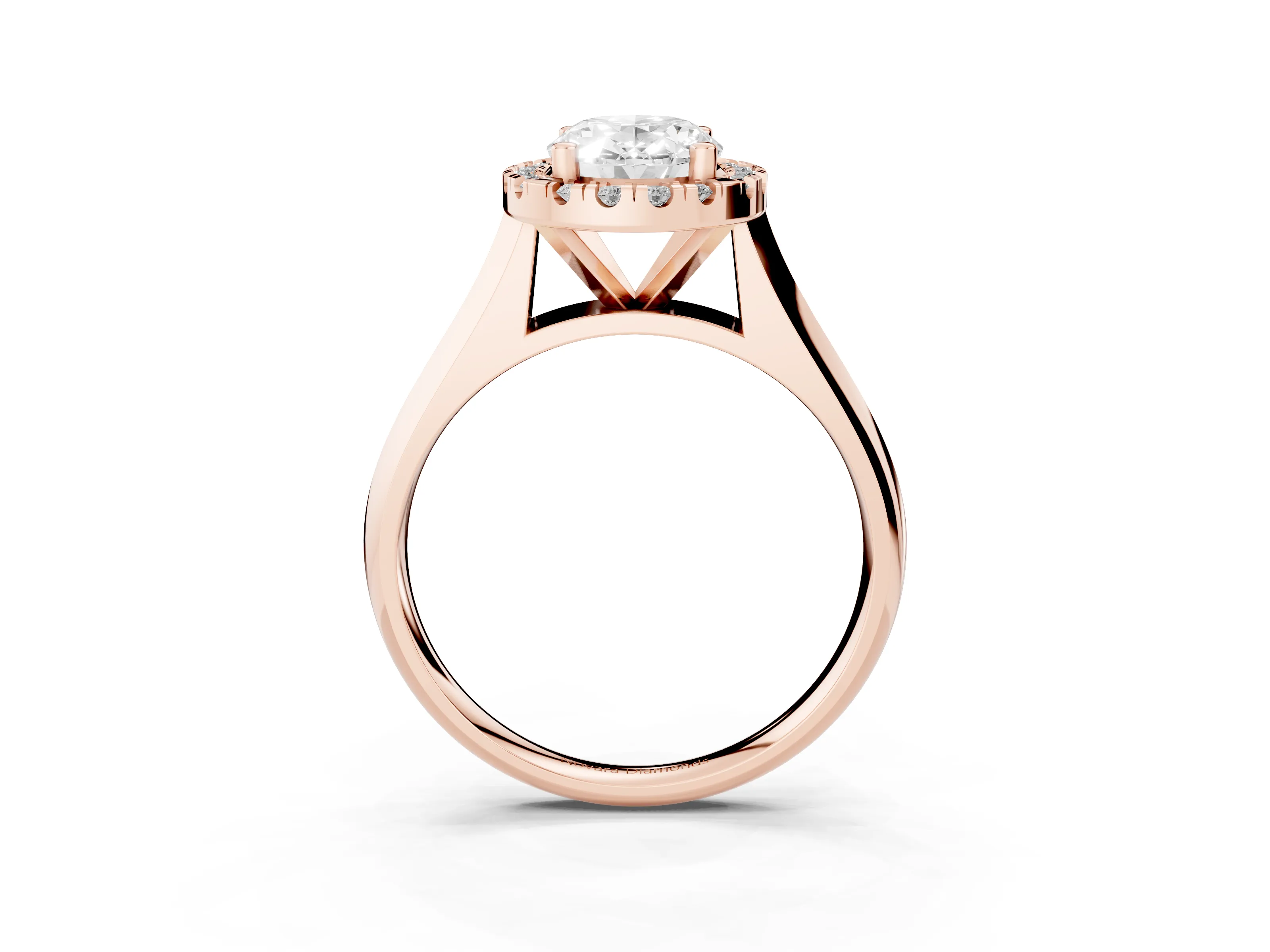 Oval Cut Diamond Halo Solitaire Engagement Ring Set in Rose gold with Square Band and Prong Setting