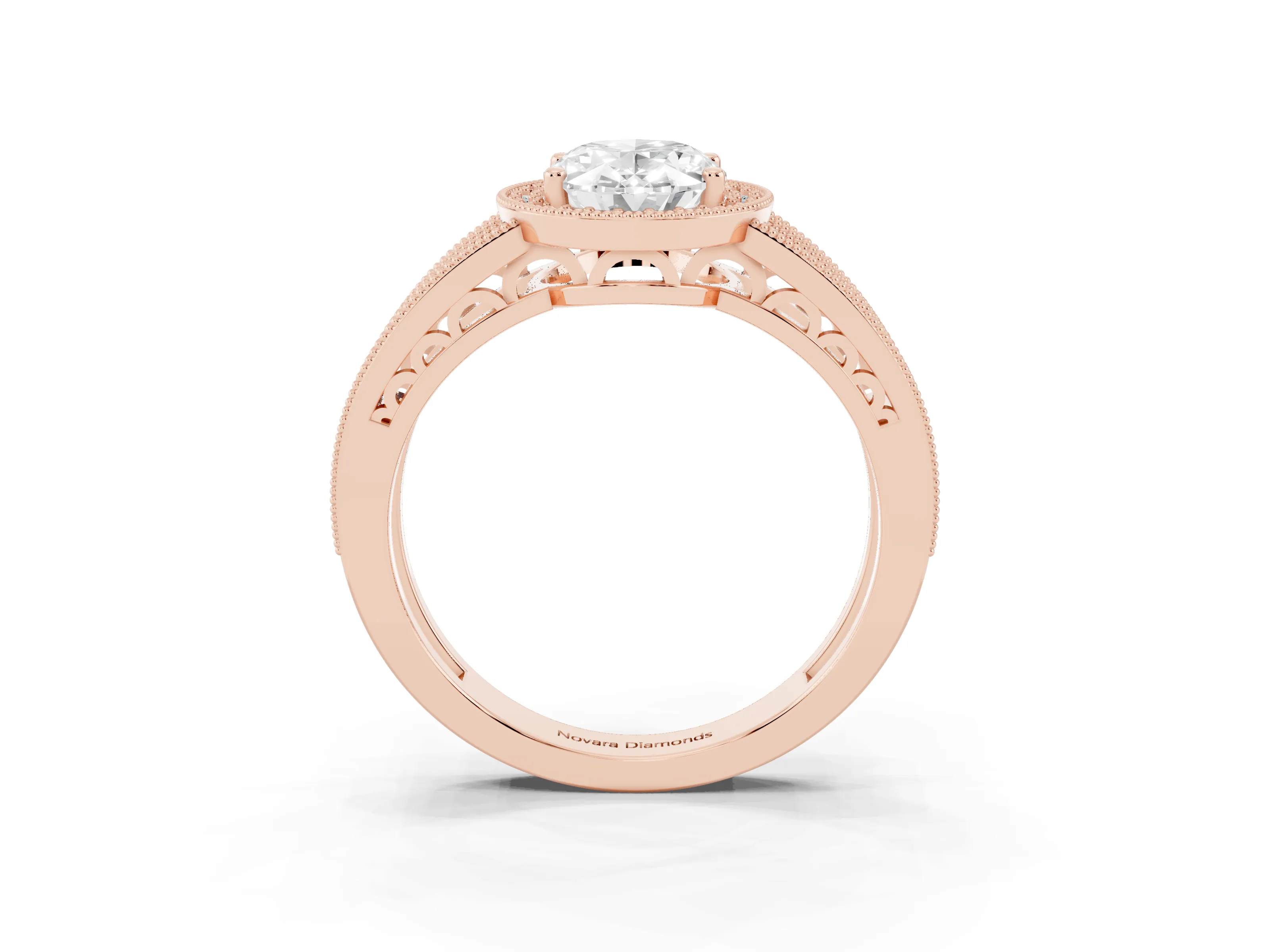 Oval Cut Diamond Halo Ring Set in Rose gold with Accent Split Shank and Prong Setting