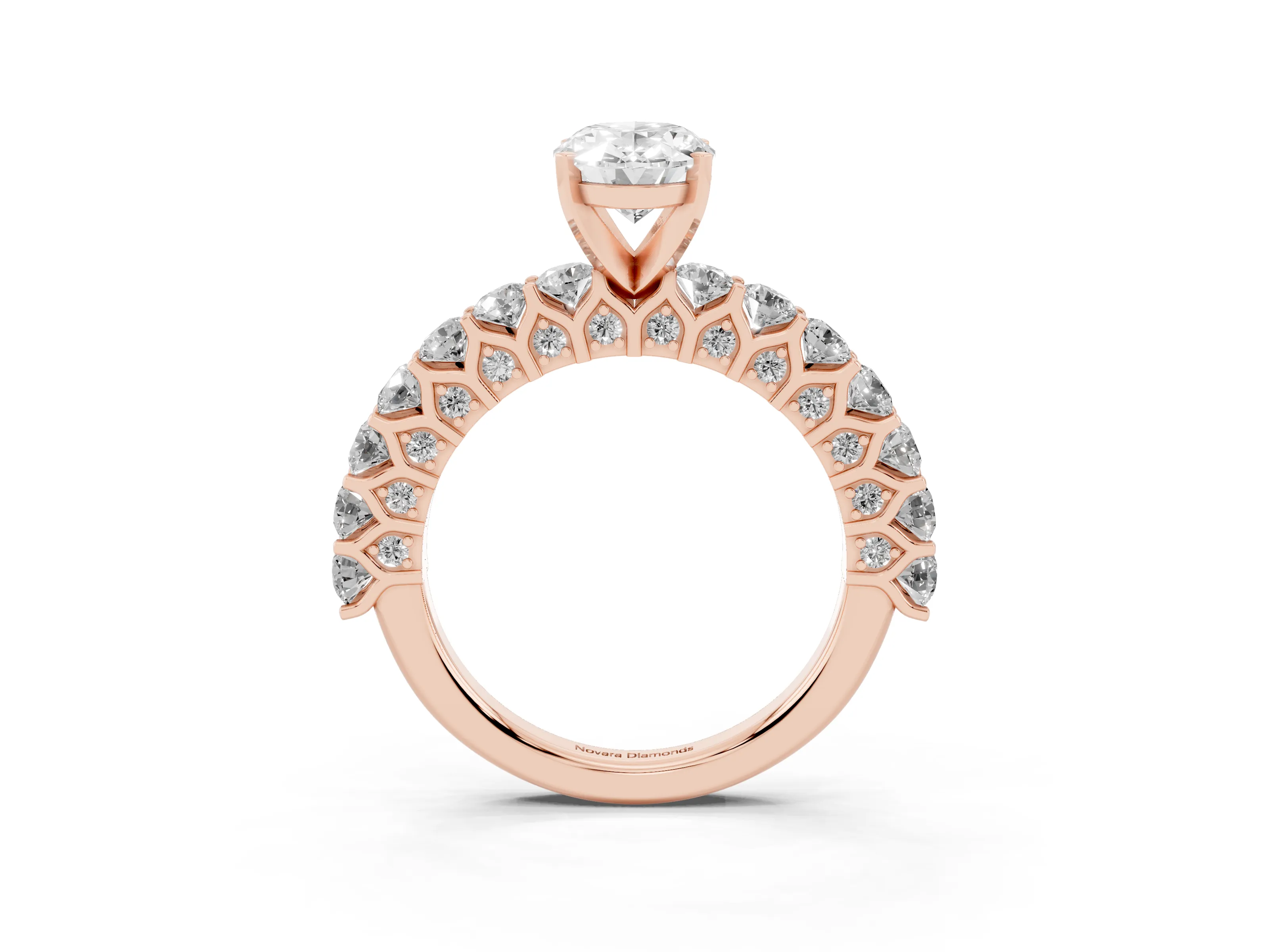 Oval Cut Diamond Solitaire Ring Set in Rose gold with Shared Prong Pavé Band