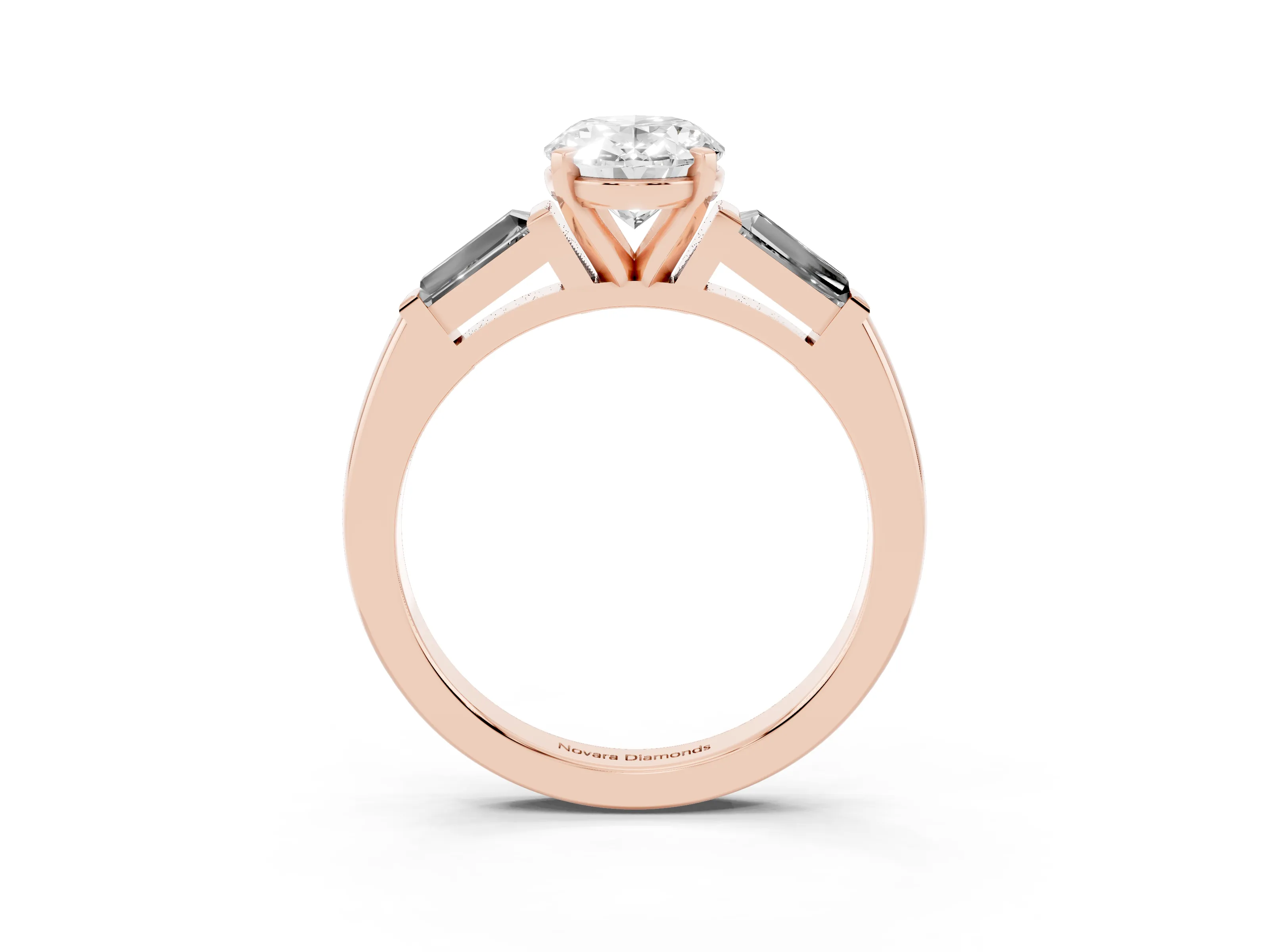 Oval Cut Diamond Solitaire Ring Set in Rose gold with Tapered Baguette Side Stones and Prong Setting