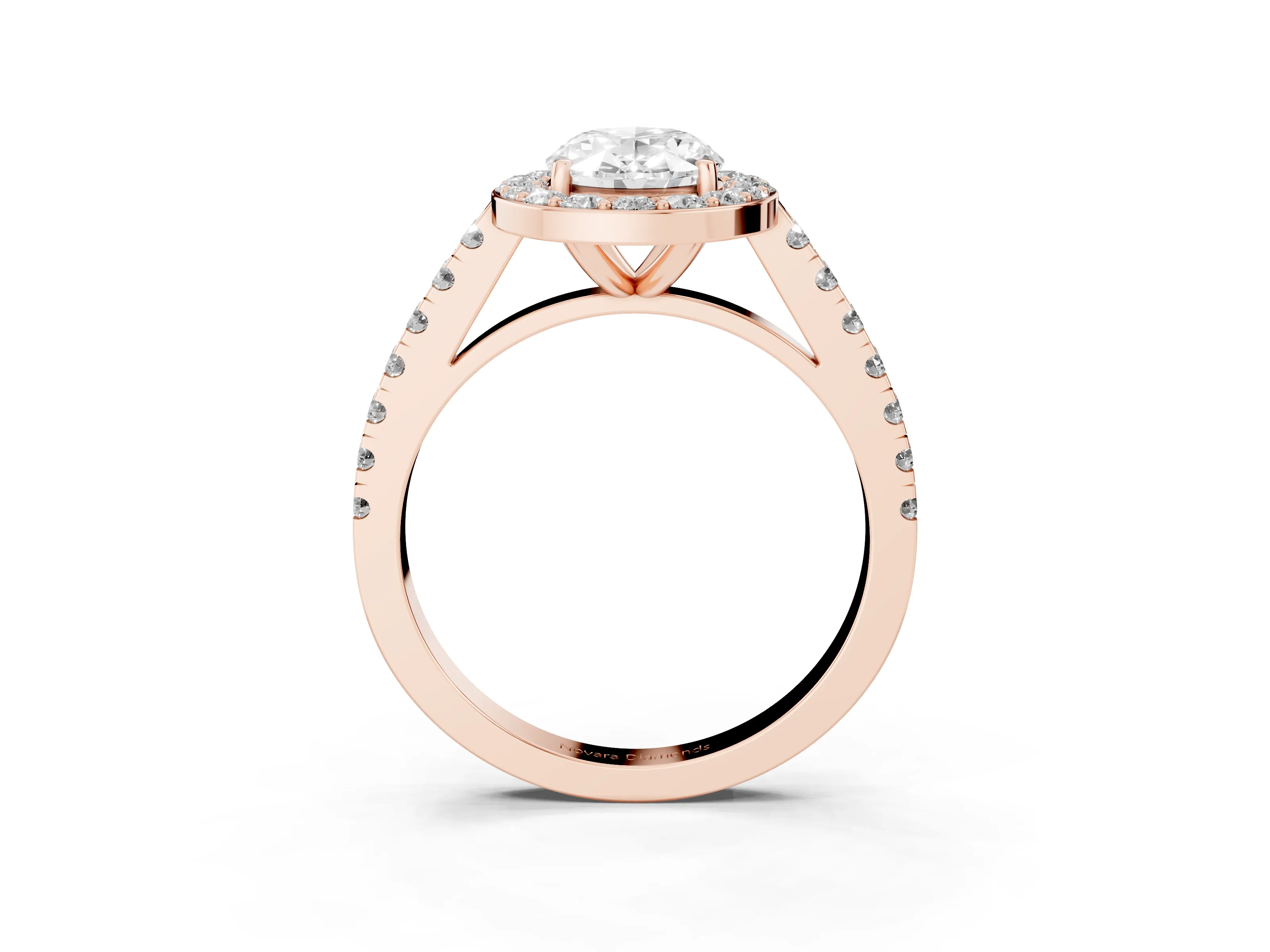 Oval Cut Diamond Halo Ring Set in Rose gold with Round Pavé Split Shank and Prong Setting