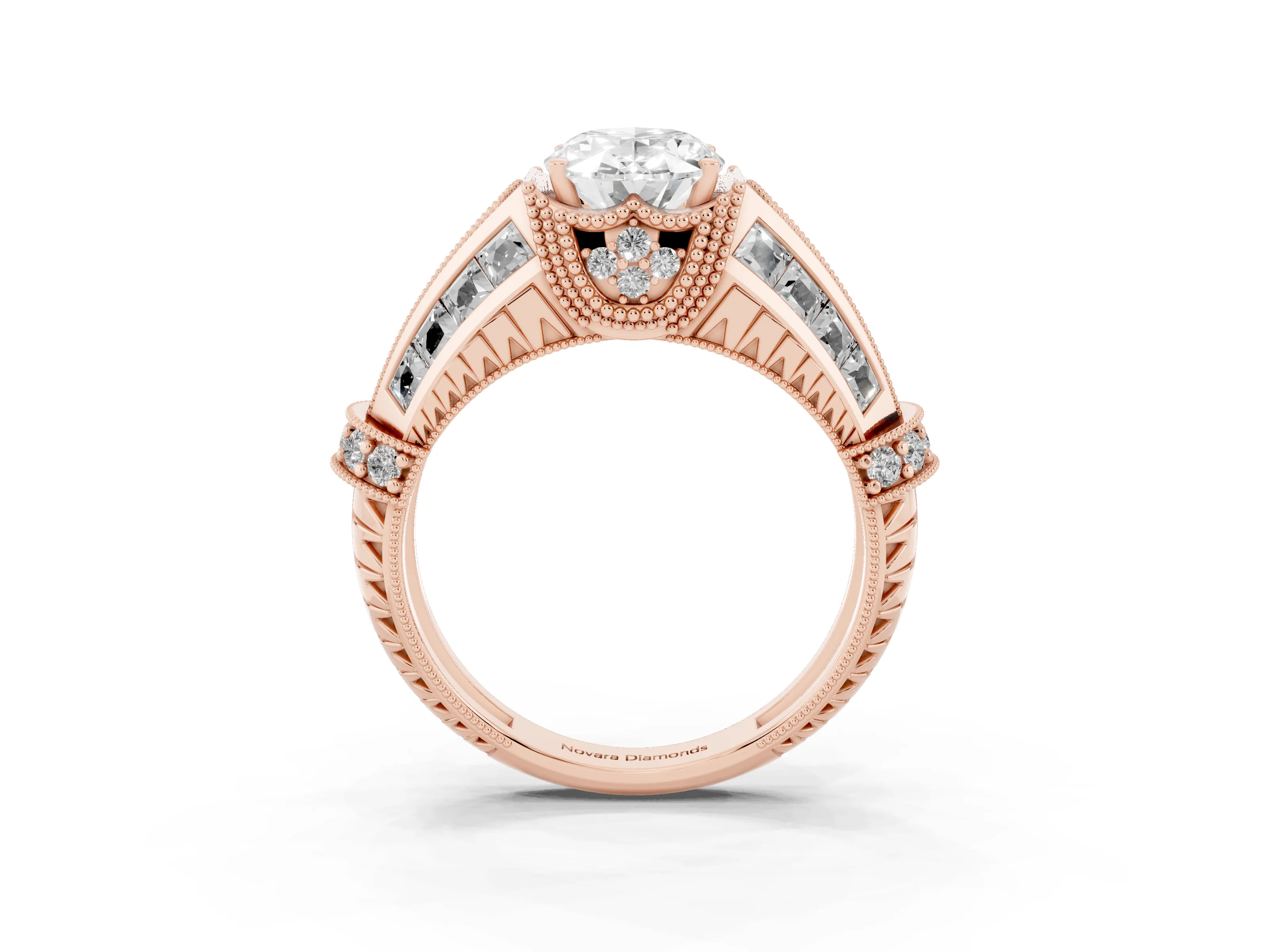 Oval Cut Diamond Vintage-Inspired Milgrain Ring Set in Rose gold with Accent Split Shank