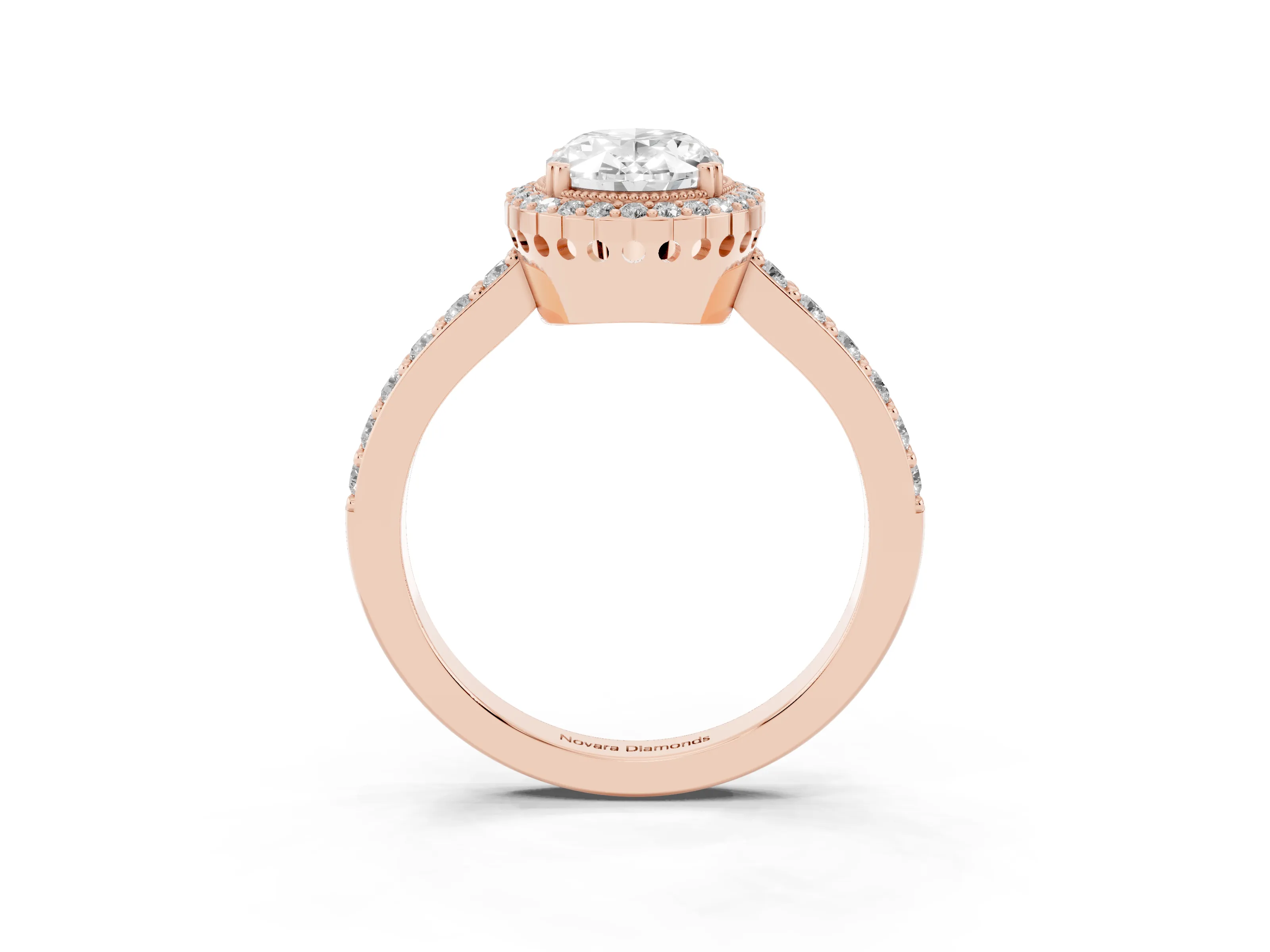 Oval Cut Diamond Halo Engagement Ring Set in Rose gold with Milgrain Detail and Pavé Band