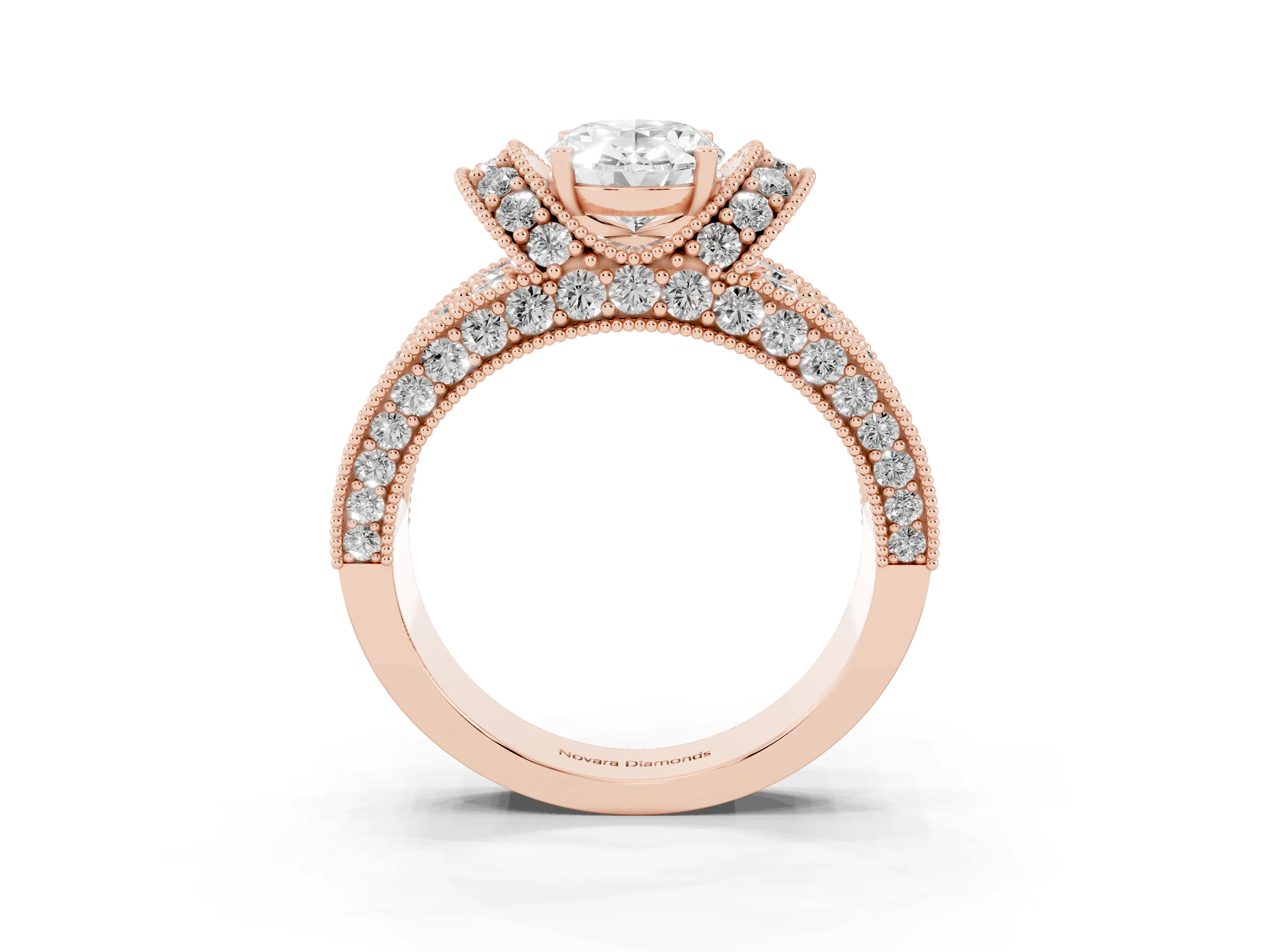 Oval Cut Diamond Milgrain Halo Pavé Engagement Ring Set in Rose gold with Prong Setting