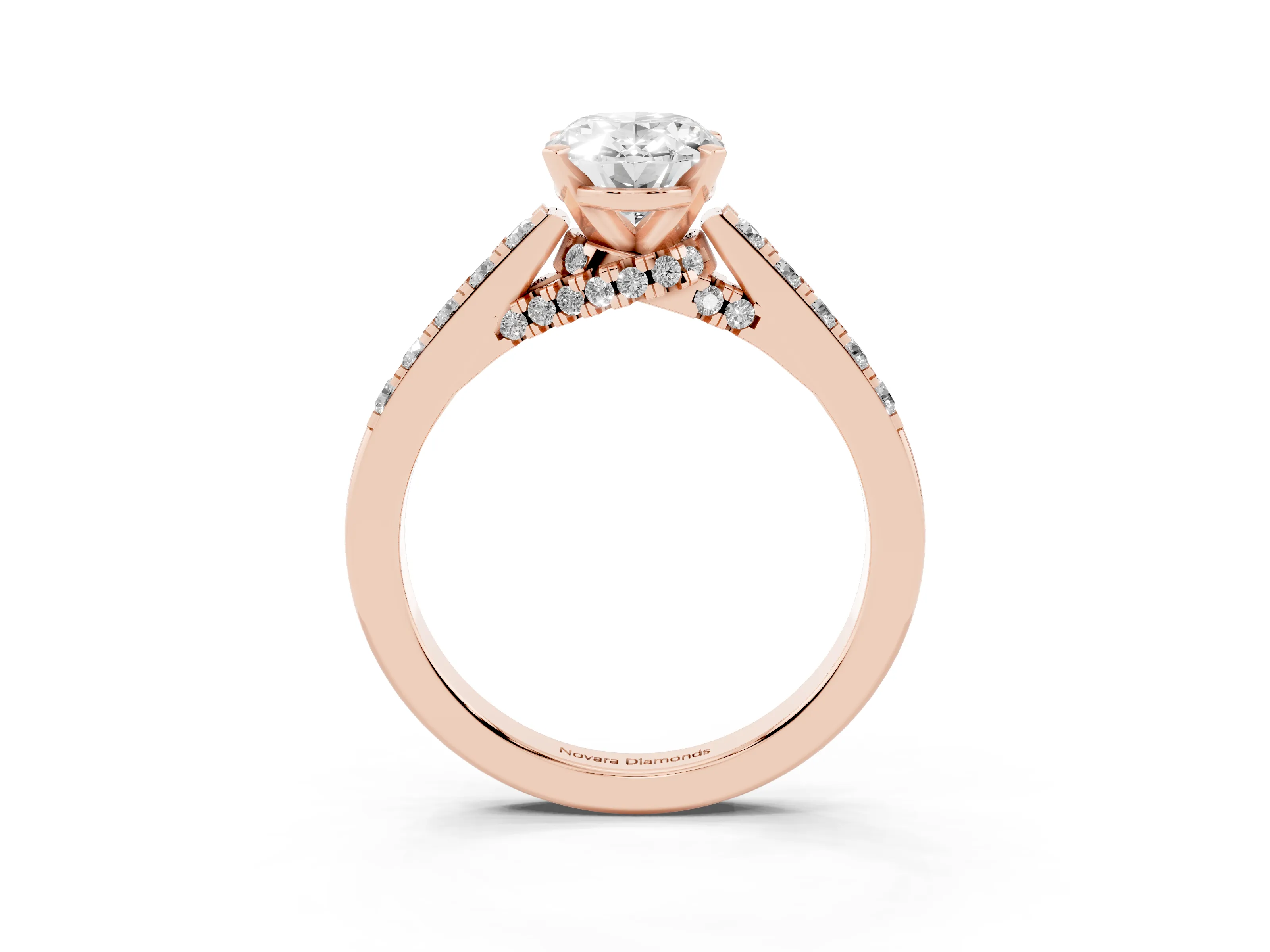 Oval Cut Diamond Solitaire Ring Set in Rose gold with Crossover Gallery and Round Pavé Band
