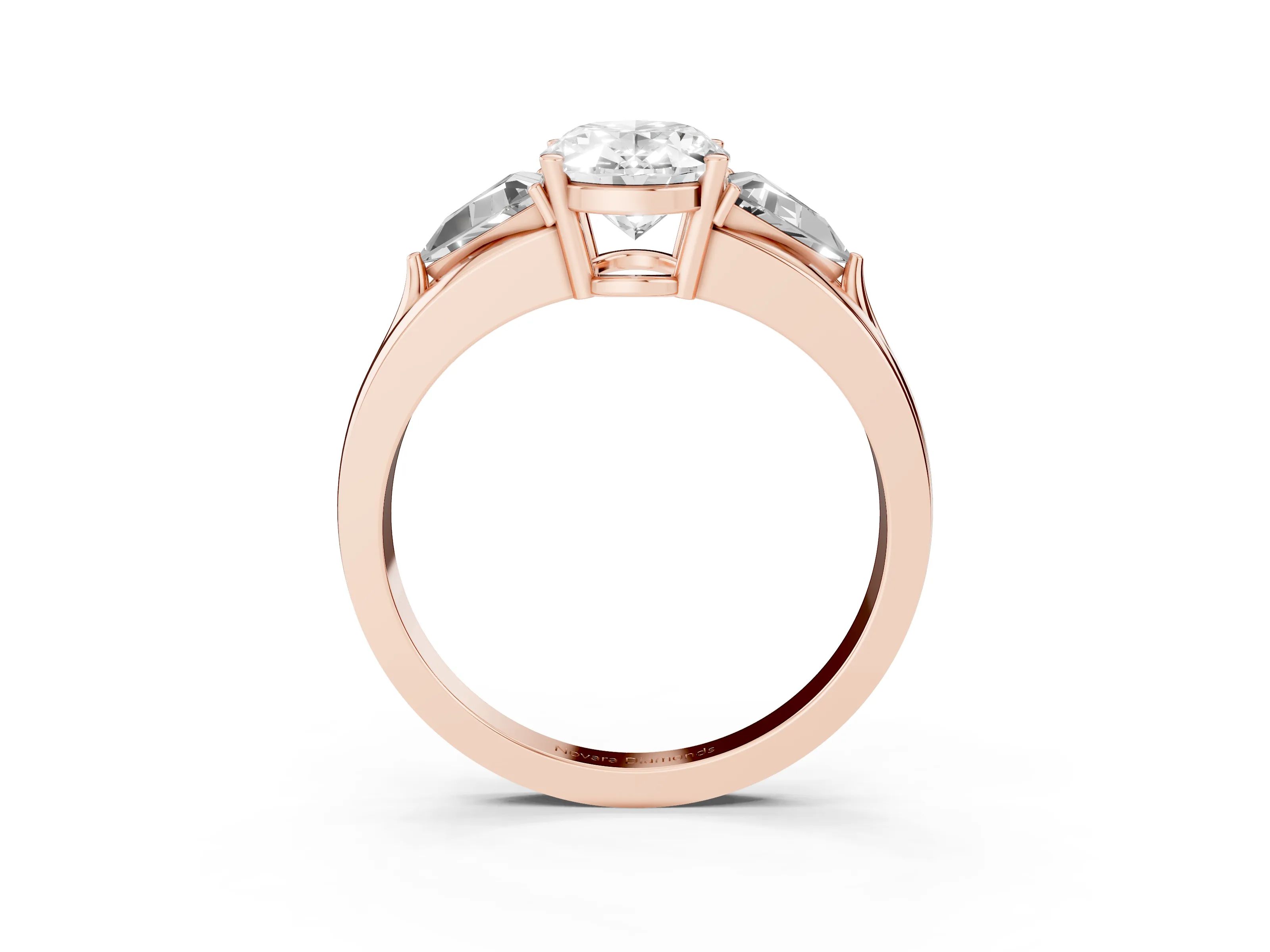 Oval Cut Diamond Three-Stone Ring Set in Rose gold with Trillion Side Stones and Split Shank